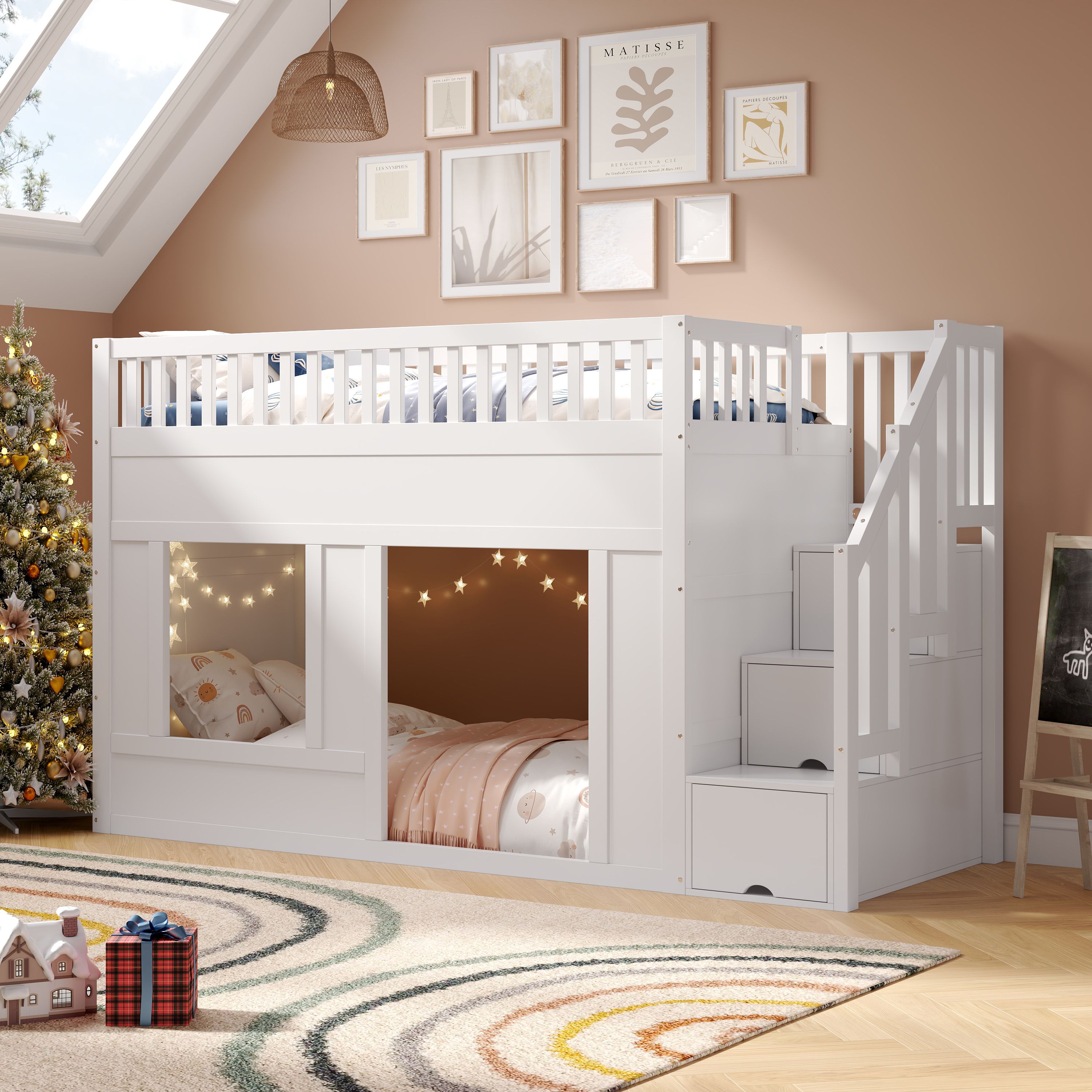 Lit superposé enfant 90x200 blanc avec escalier de rangement et zone de jeu inférieure, kit complet incluant sommier à lattes