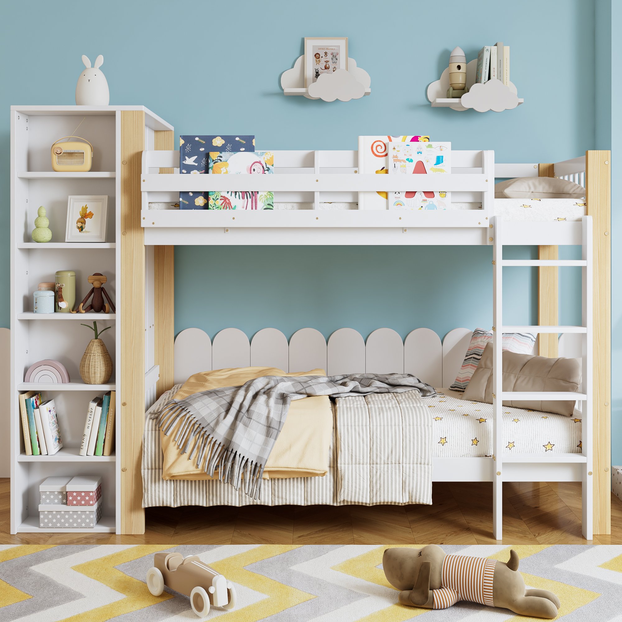 Lit superposé enfant 90x200 cm avec échelle, rangements et penderie, blanc et naturel