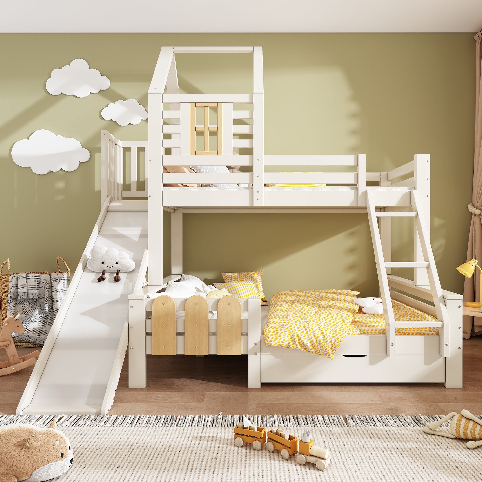 Lit Superposé 90x200 cm et 140x200, lit superpose avec toboggan et échelle, lit enfant cabane avec tiroir blanc bois Panneau composite de fibres de bois à densité