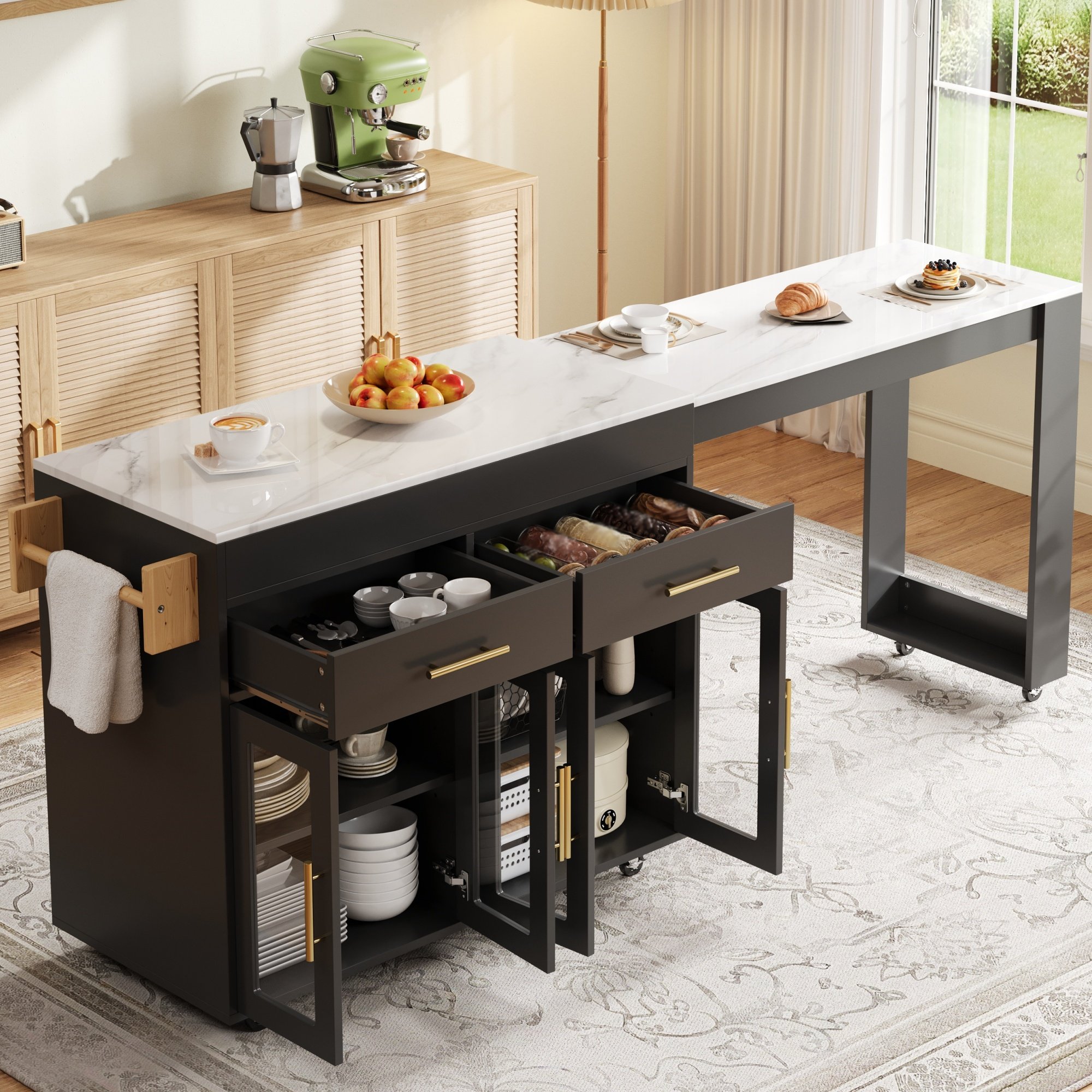 Îlot de cuisine en Panneau composite de fibres de bois à densité avec plan de travail en marbre blanc, structure noire, dimensions 132,5-217 x 50 x 93 cm, avec rangement