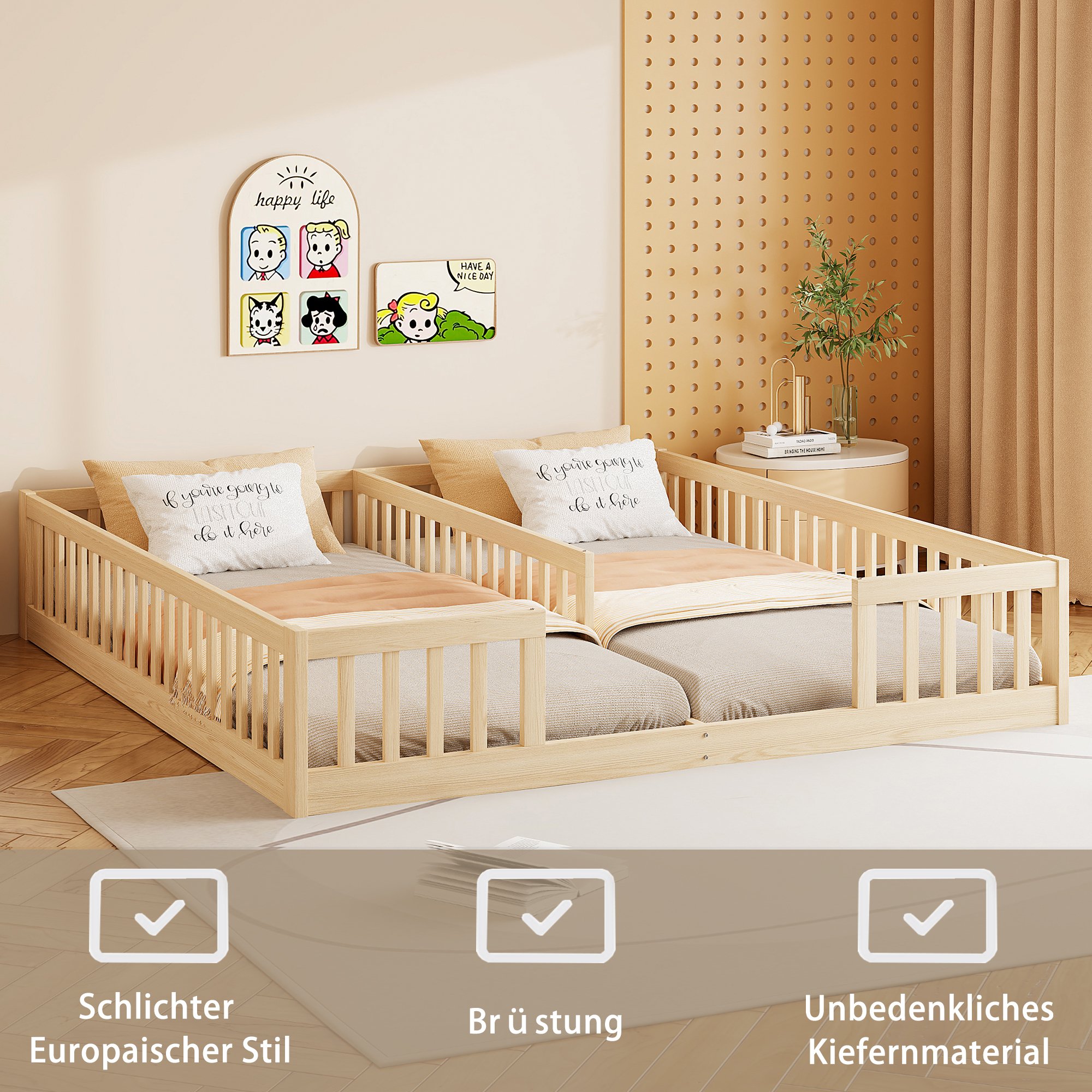 Lit enfant 90x200 avec barrière de sécurité, en pin naturel, sans matelas, pour deux enfants