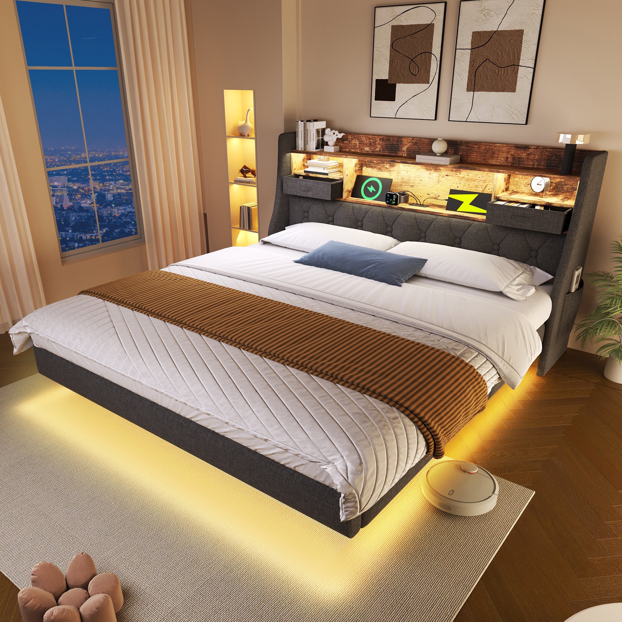 Lit coffre 140x200 gris avec LED connectée, ports USB rapide, rangement tête de lit et matelas