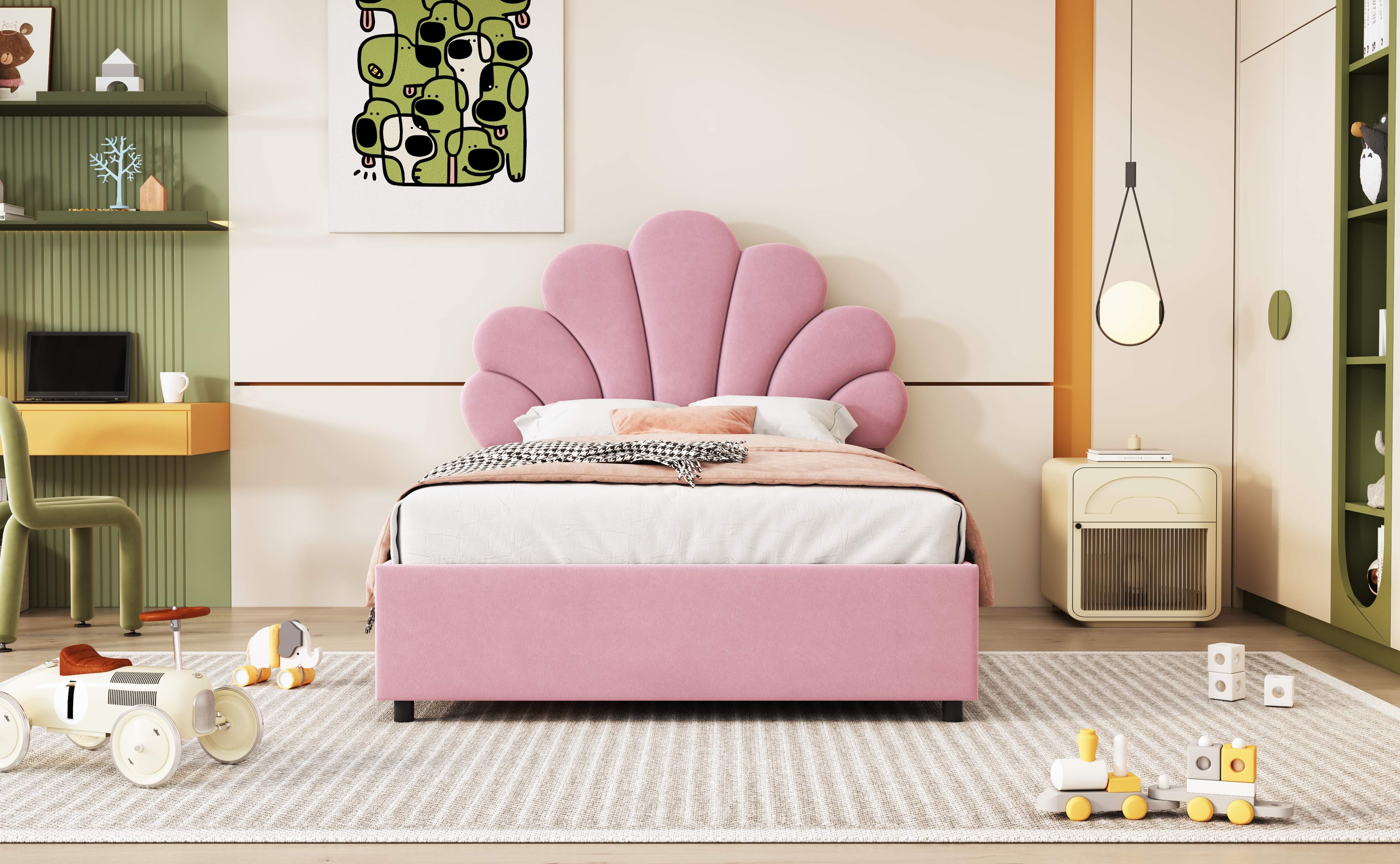 Lit coffre 90x200 en velours rose avec tête de lit fleurie et rangement hydraulique