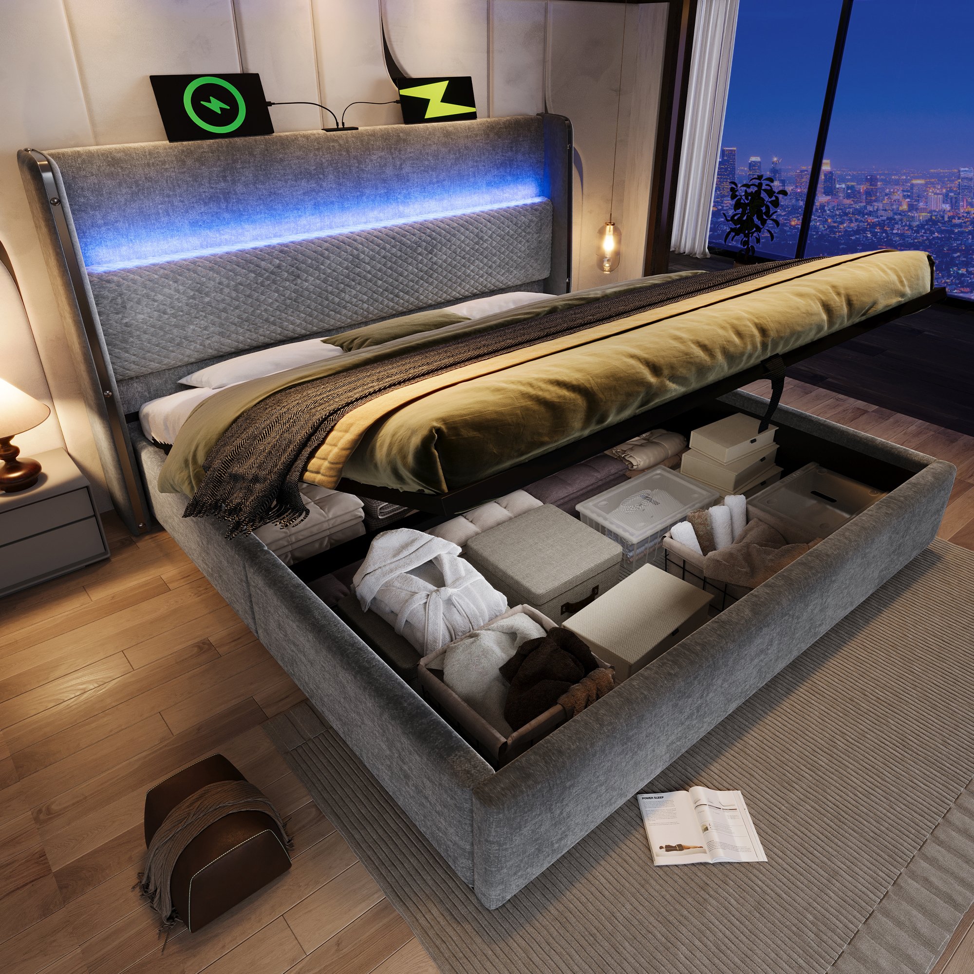 Lit coffre 160x200 gris avec matelas 7 zones, éclairage LED intelligent et stockage sous le couchage