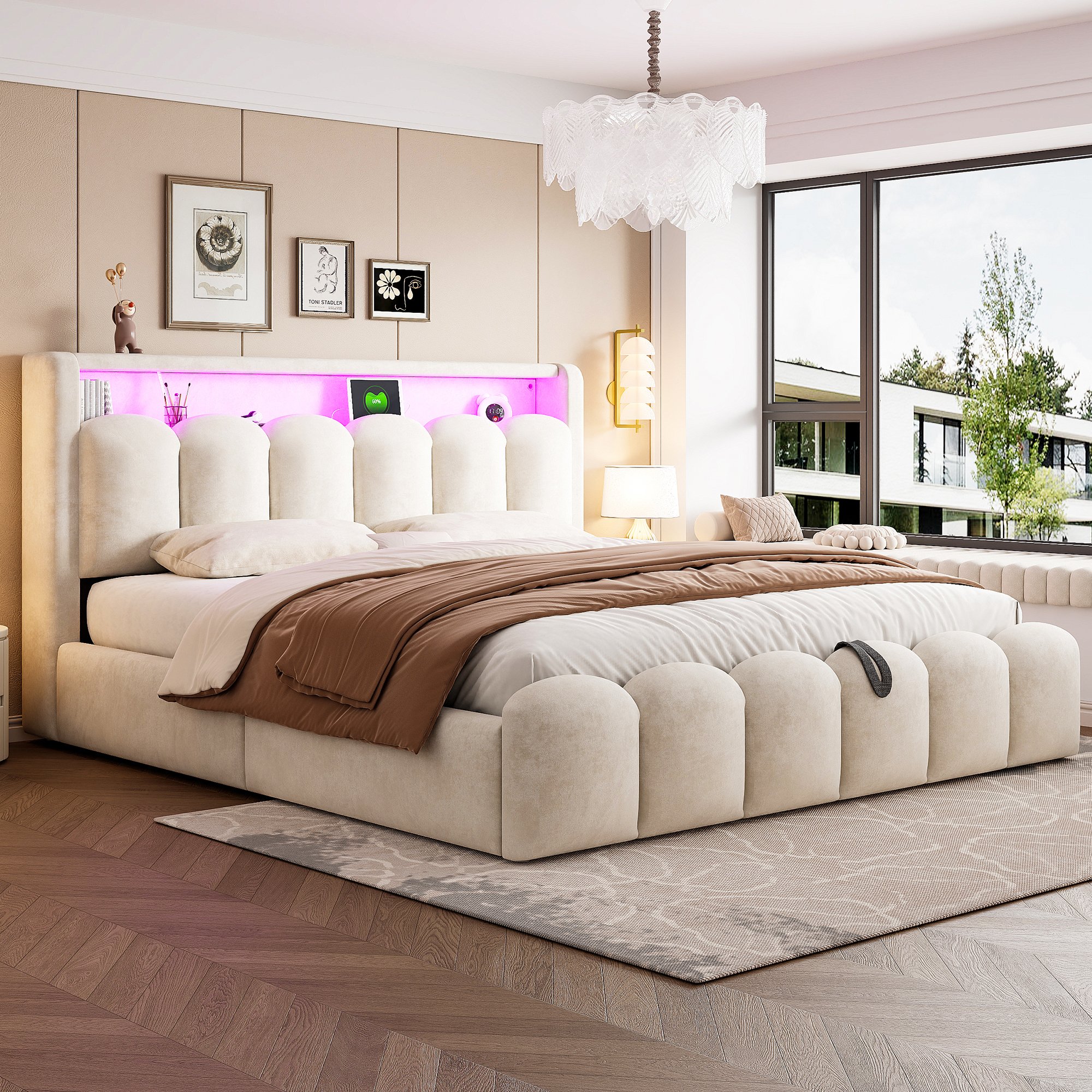 Lit coffre 180x200 en velours beige, structure métallique et Panneau composite de fibres de bois à densité, avec sommier à lattes et rangement hydraulique