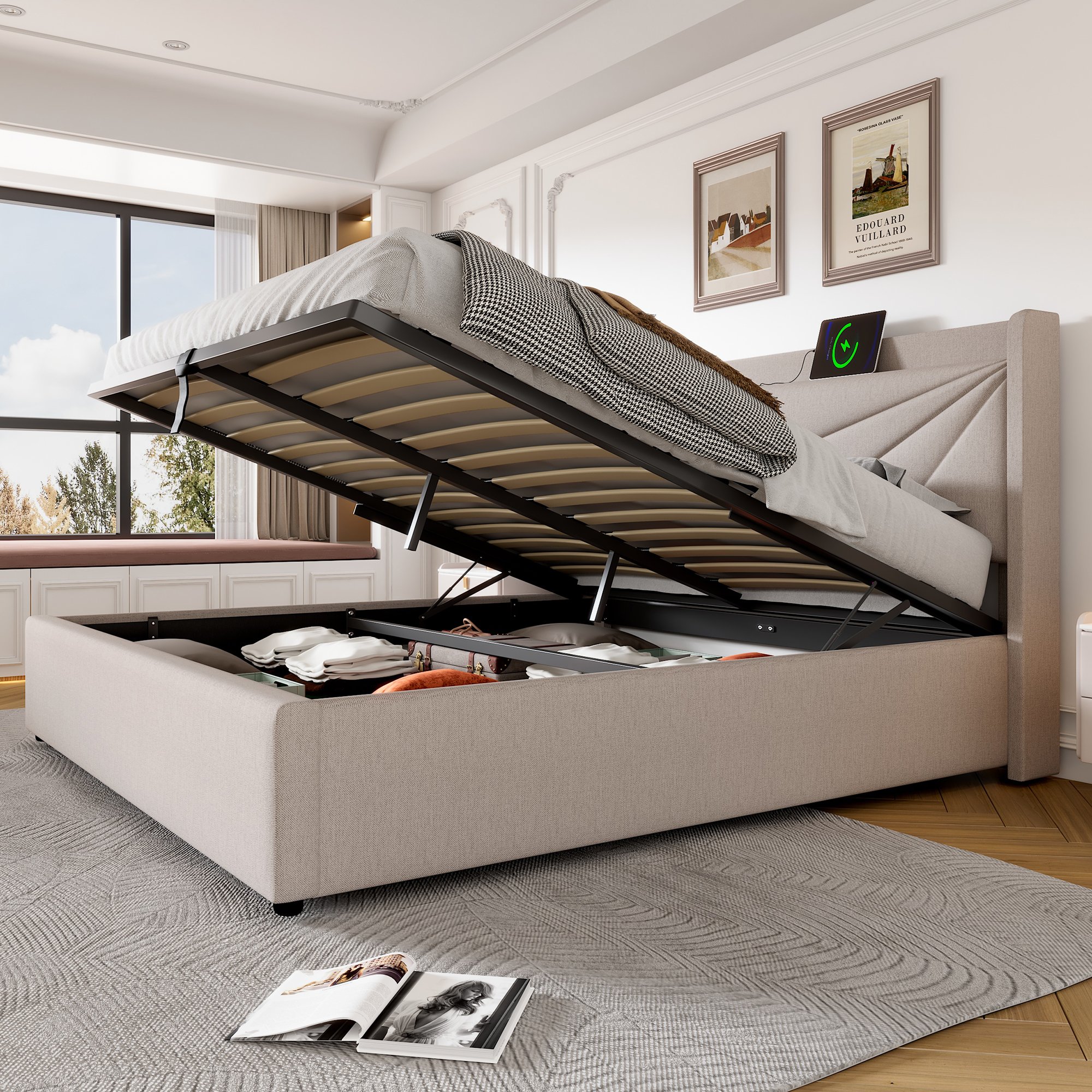 lit coffre 140x200 avec structure en métal et revêtement en coton lin beige, tête de lit rembourrée et sommier à lattes