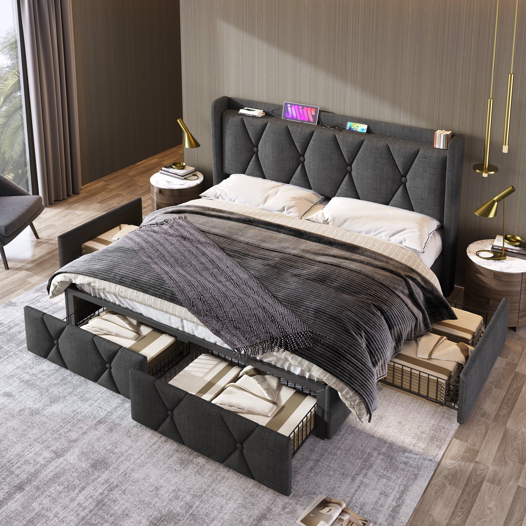 Lit coffre 140x200 avec sommier à lattes, 4 tiroirs de rangement et ports USB, gris