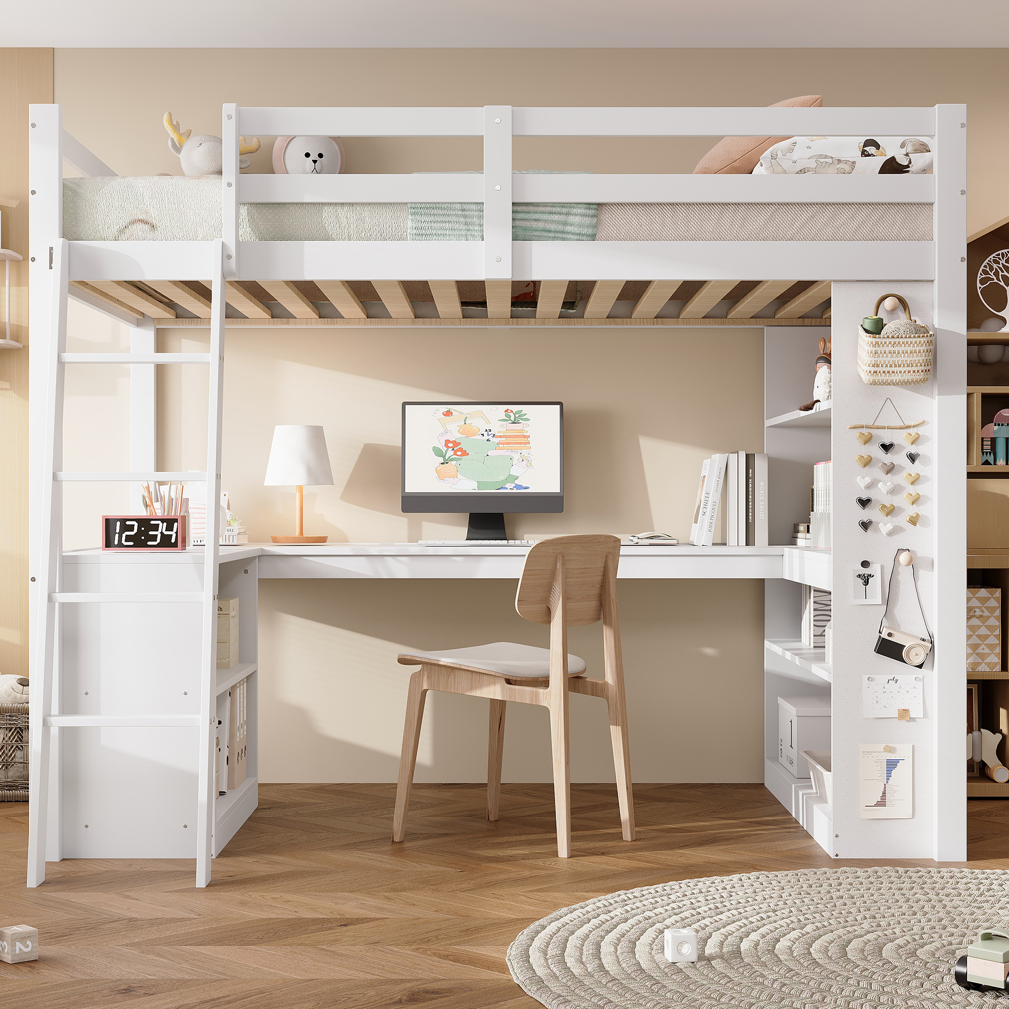 Lit mezzanine enfant avec rangement et échelle stable, 90x200