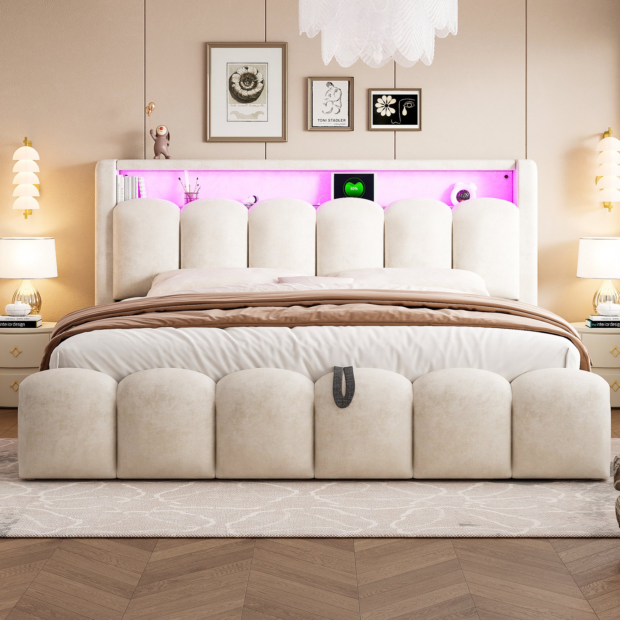Lit coffre 180x200 en velours beige, structure métallique et Panneau composite de fibres de bois à densité, avec sommier à lattes et rangement hydraulique