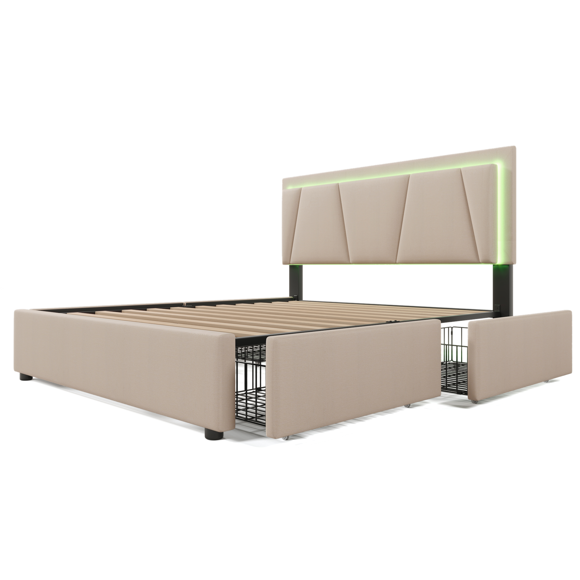 Cadre de lit métal structure robuste revêtement beige textile, sommier bois et matelas polyestermousse