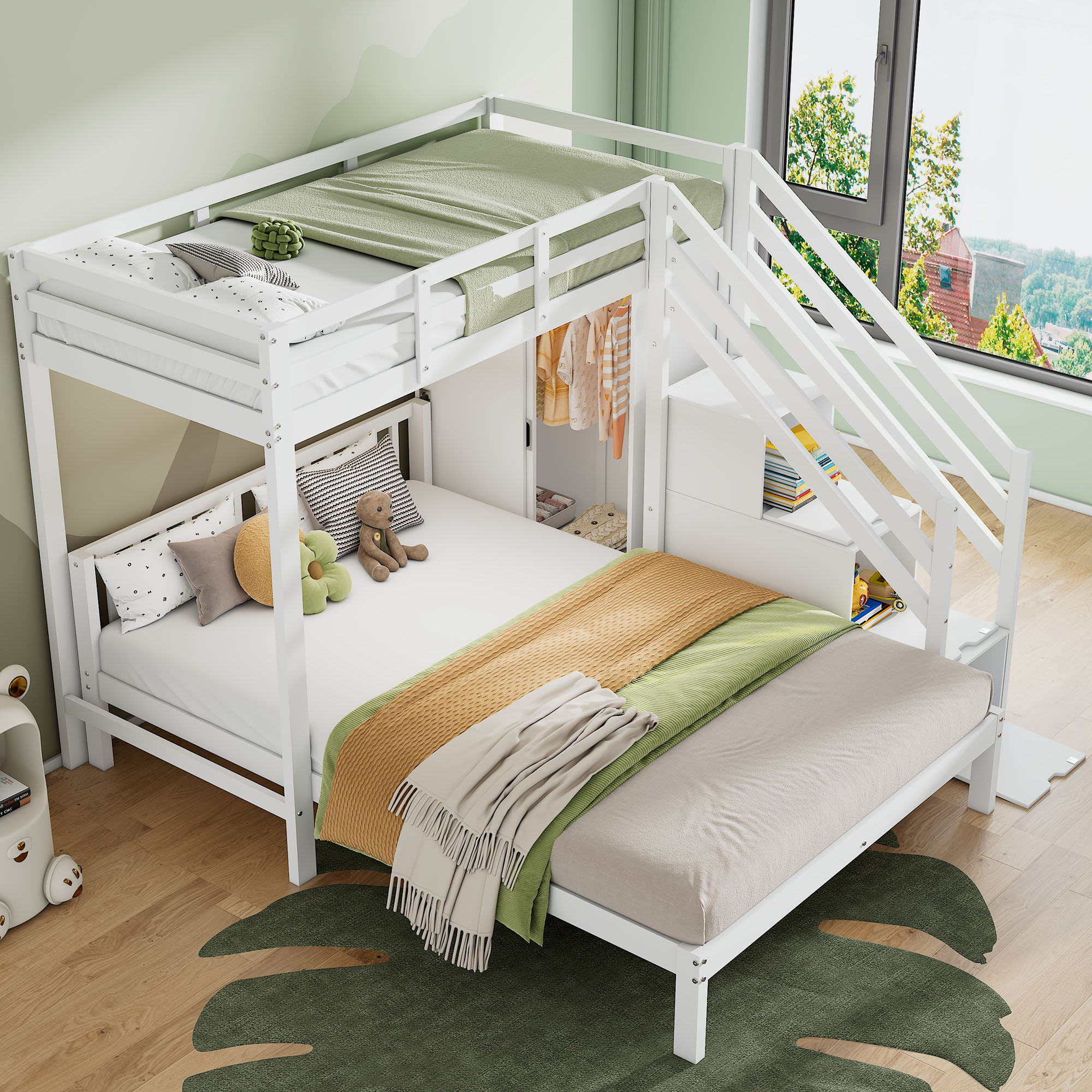 Lit superposé enfant blanc 90x200 et 140x200 cm en bois massif avec armoire, échelle de rangement et sommier à lattes