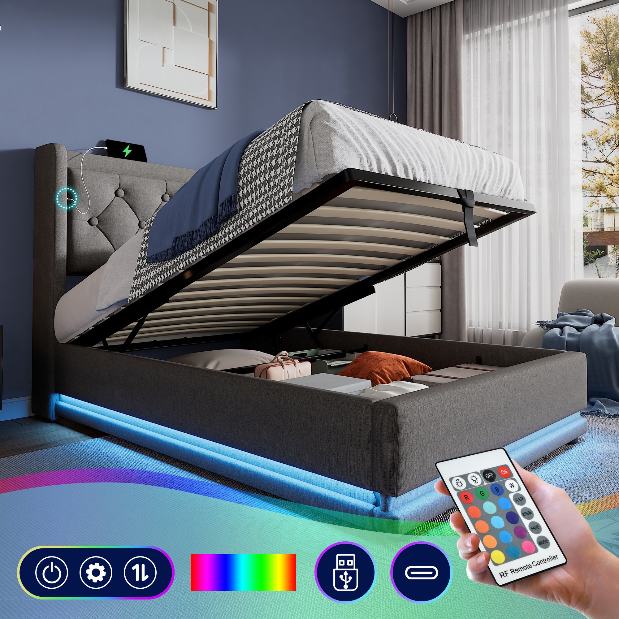 lit coffre 90x200 avec matelas, design contemporain gris, tête de lit capitonnée avec USB et éclairage LED latéral