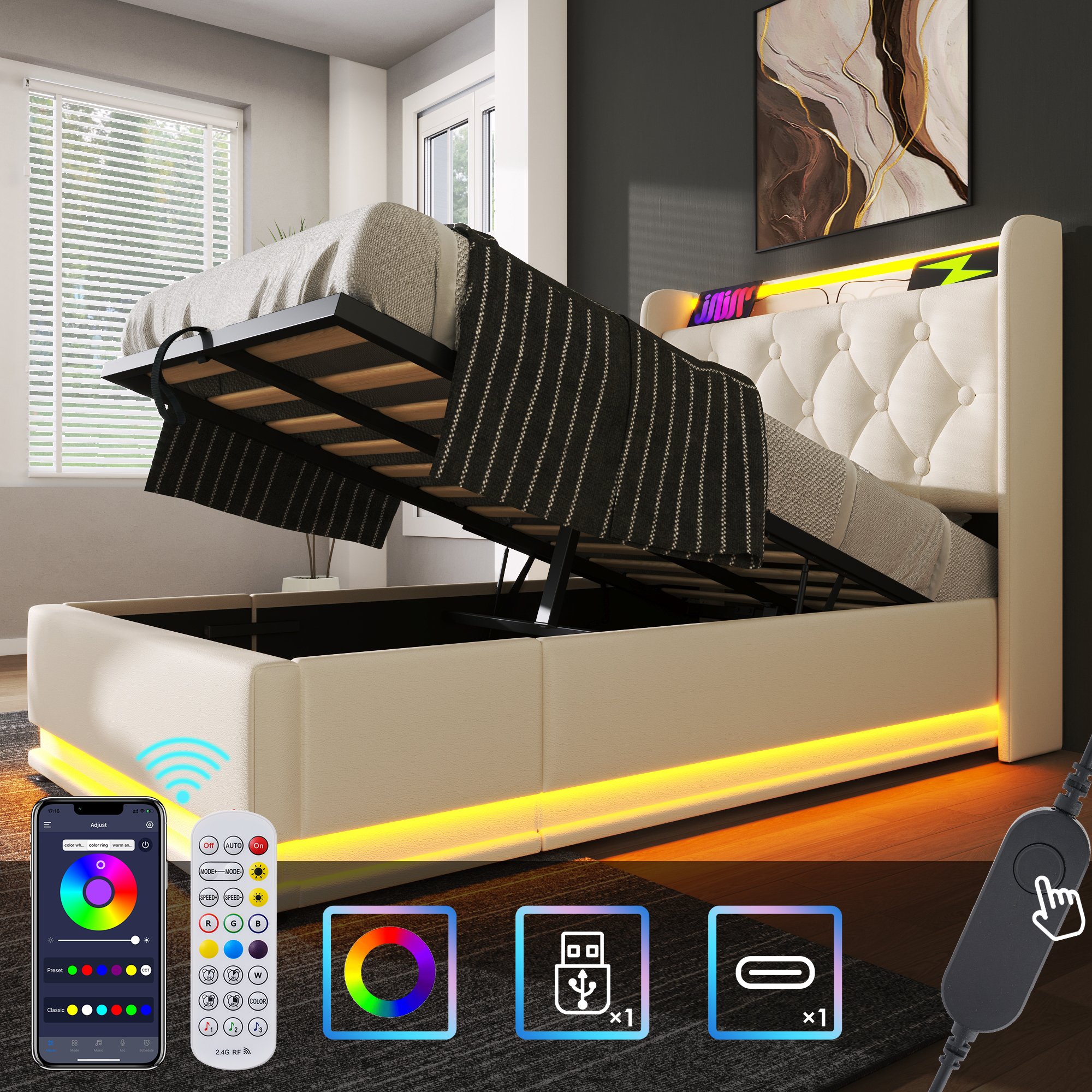 Lit coffre 90x200 blanc LED 360° avec matelas, rangement hydraulique et USB Type-C