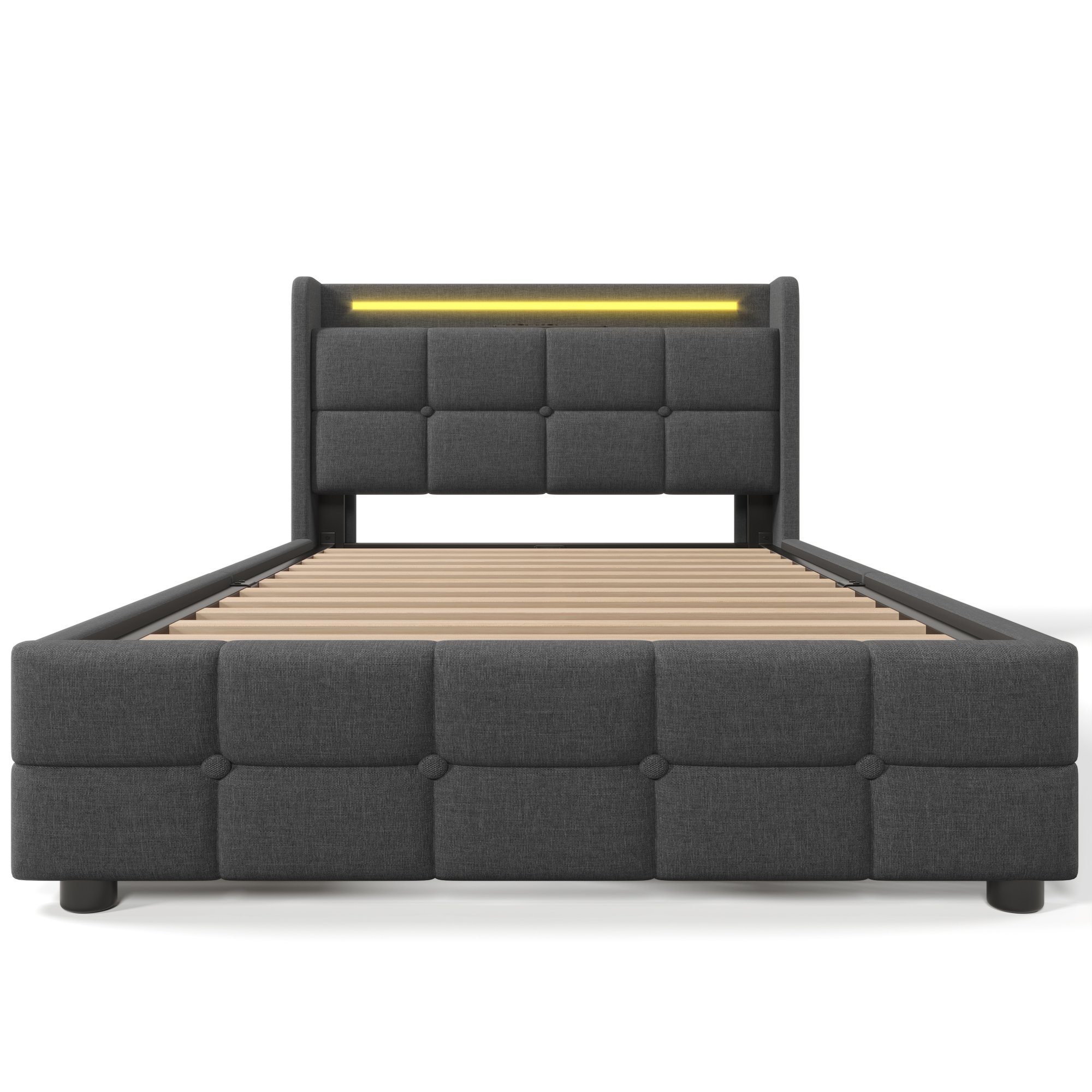 Lit coffre 90x200 en métal et tissu gris avec sommier à lattes, 2 tiroirs latéraux et LED au pied