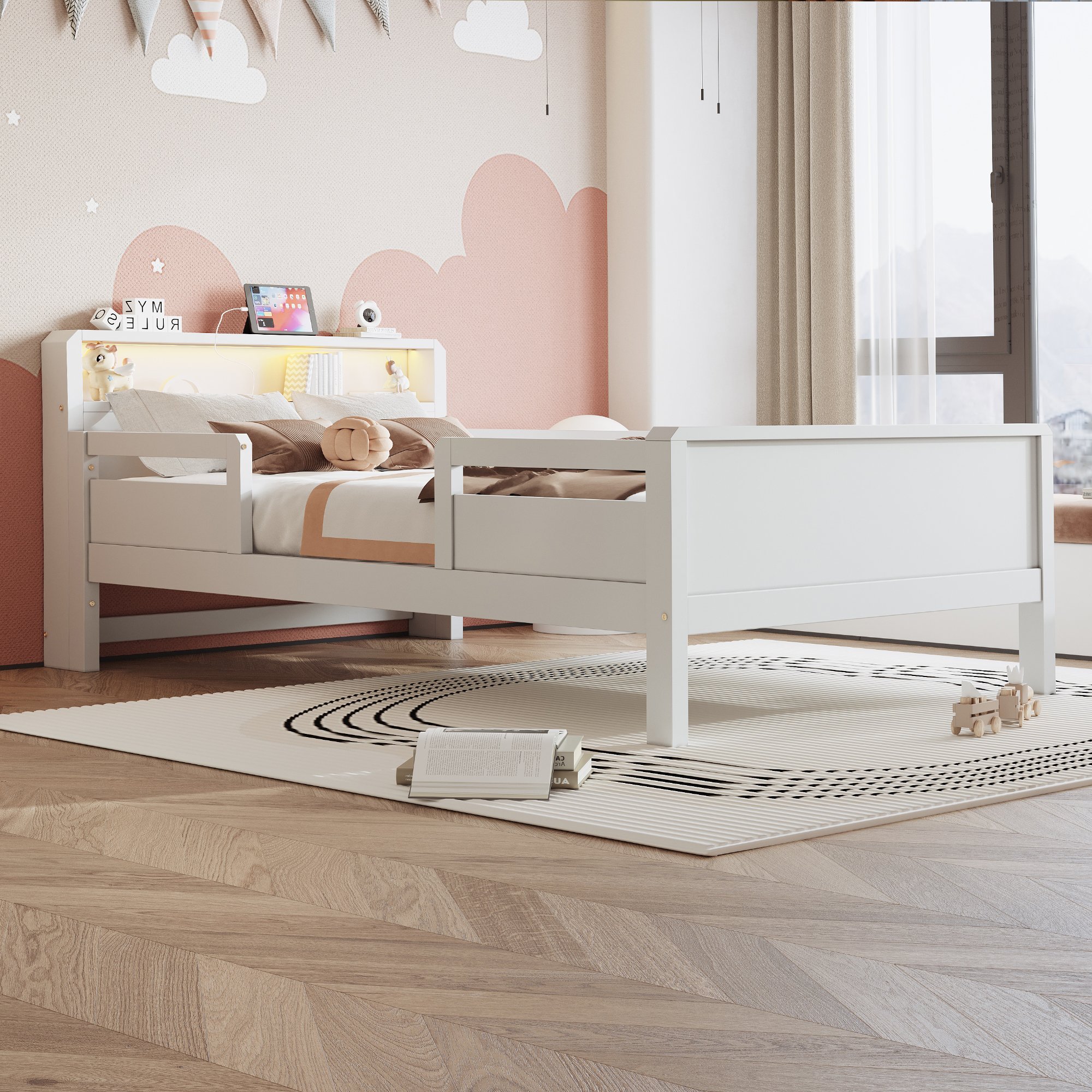 Lit enfant 90x200 avec LED, prise USB et Type-C, tête de lit avec rangement, barrière de sécurité, en pin blanc