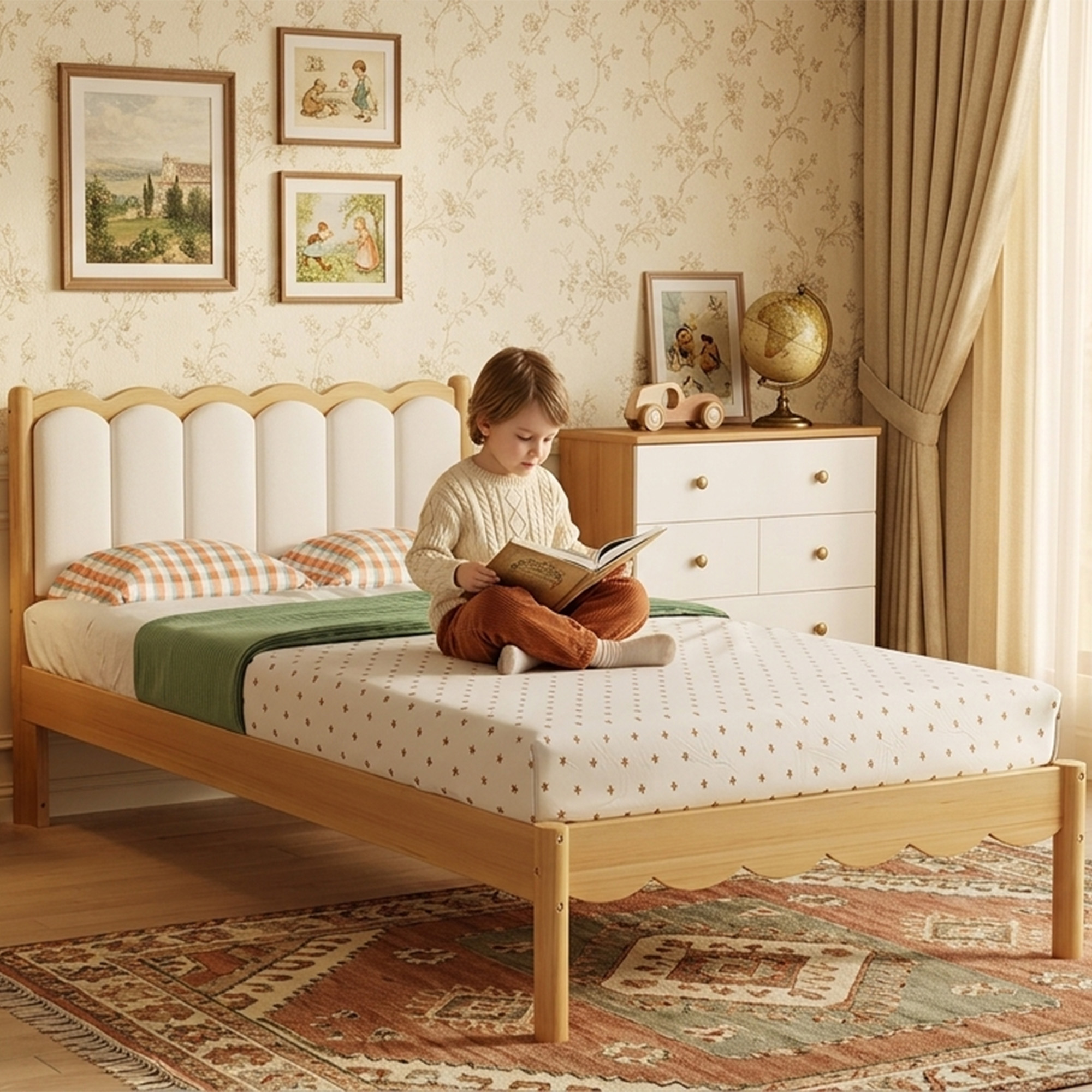 Lit enfant 90x200cm avec sommier à lattes, tête de lit rembourrée, beige