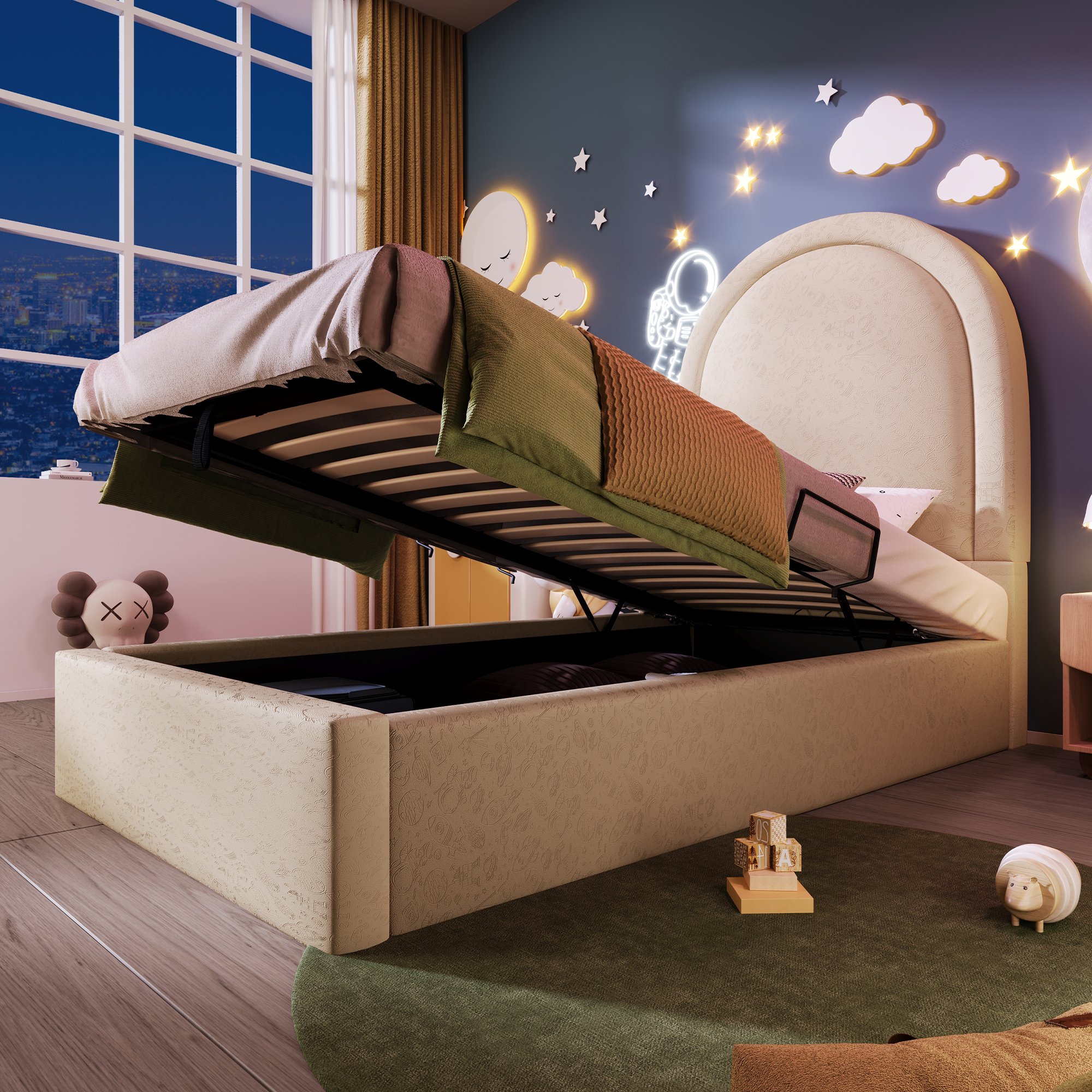 lit coffre 90x200 beige avec rangement hydraulique, sommier à lattes et structure stable pour chambre enfant