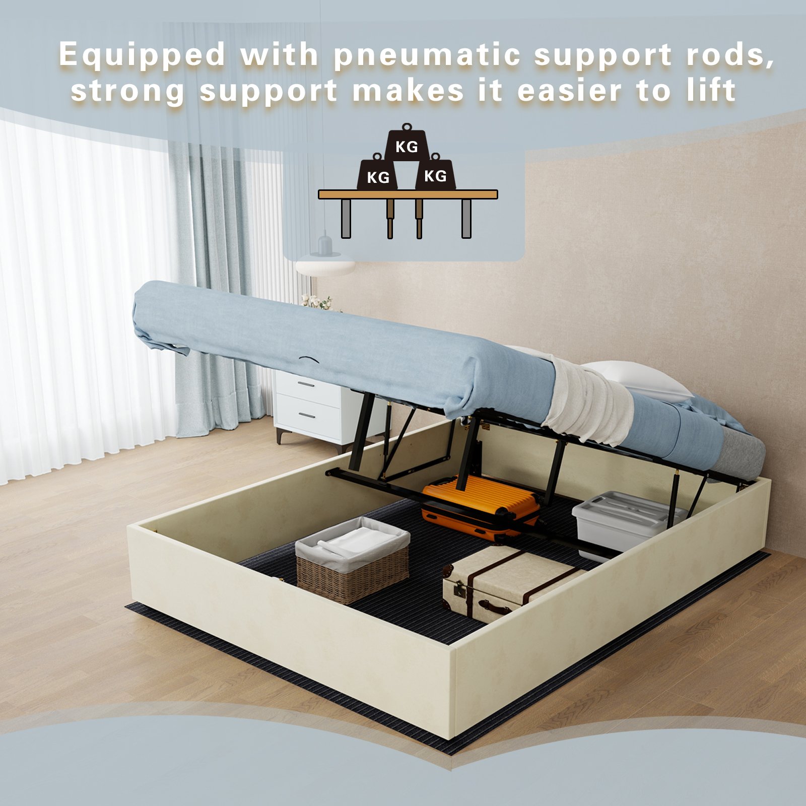 Lit coffre 140x200 en velours beige avec vérins à gaz, sans tête de lit ni matelas, à monter