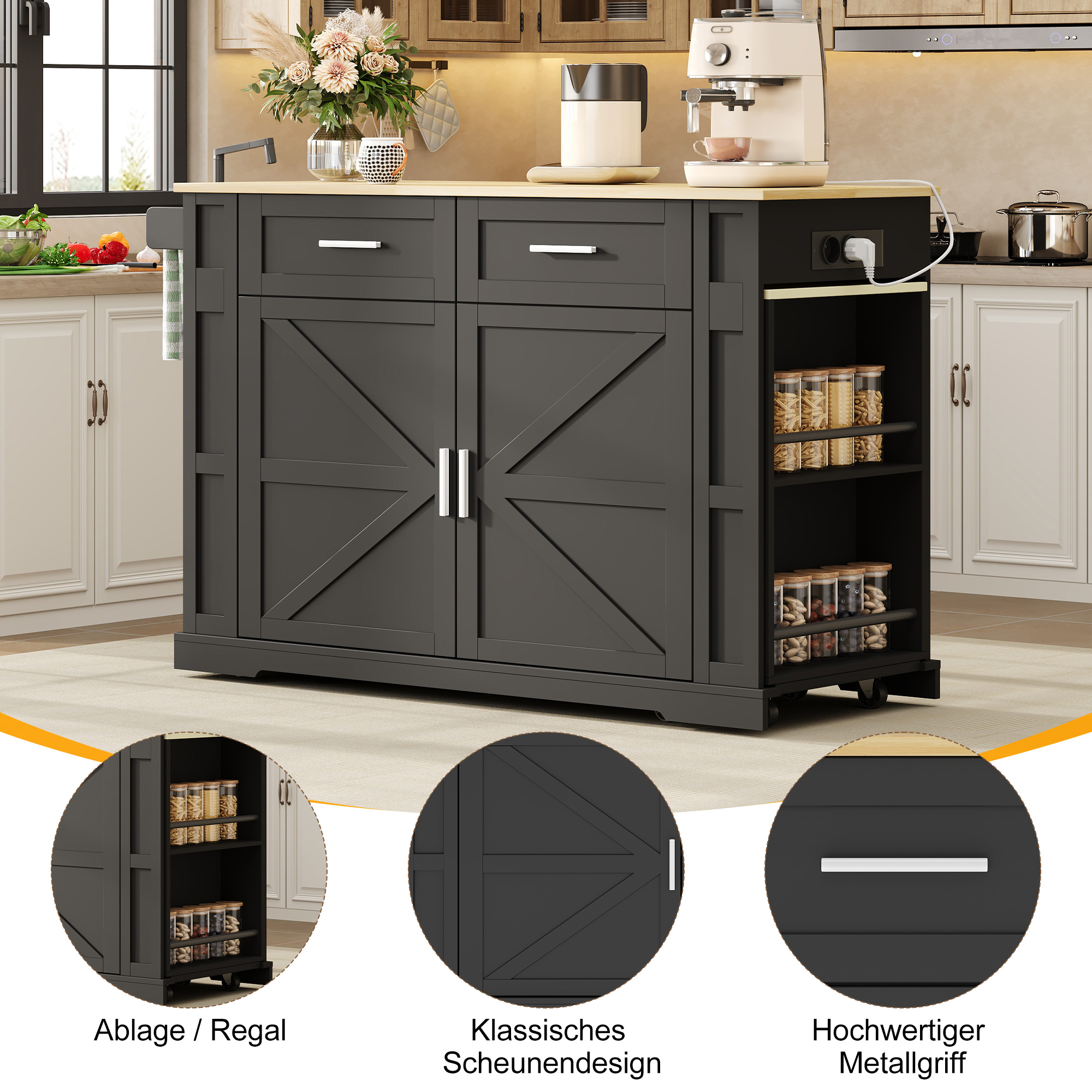 Îlot de cuisine 120x50 cm avec plan de travail extensible, noir et bois, 2 tiroirs, armoire, porte-serviettes et 7 roulettes