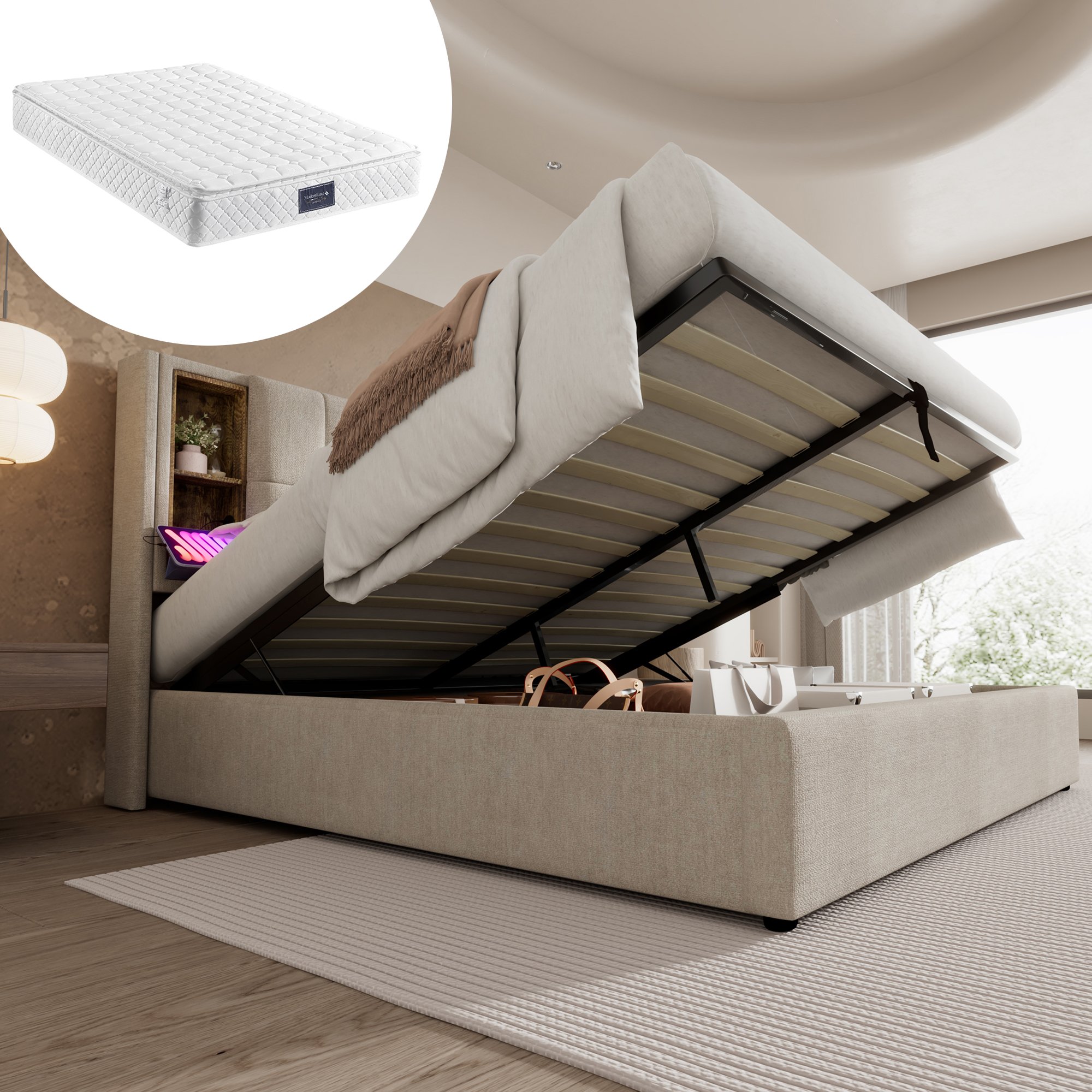 lit coffre double 160x200 avec tête de lit rembourrée naturelle, chargeur sans fil intégré et sommier à lattes
