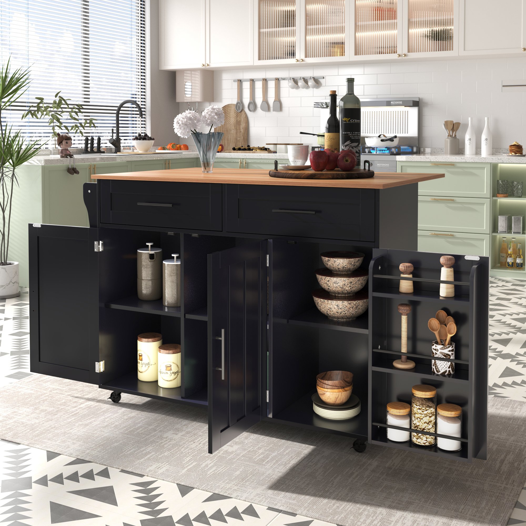 Îlot de cuisine noir avec plan de travail en bois massif, table pliante, rangements et roulettes, 129x46x91,5 cm