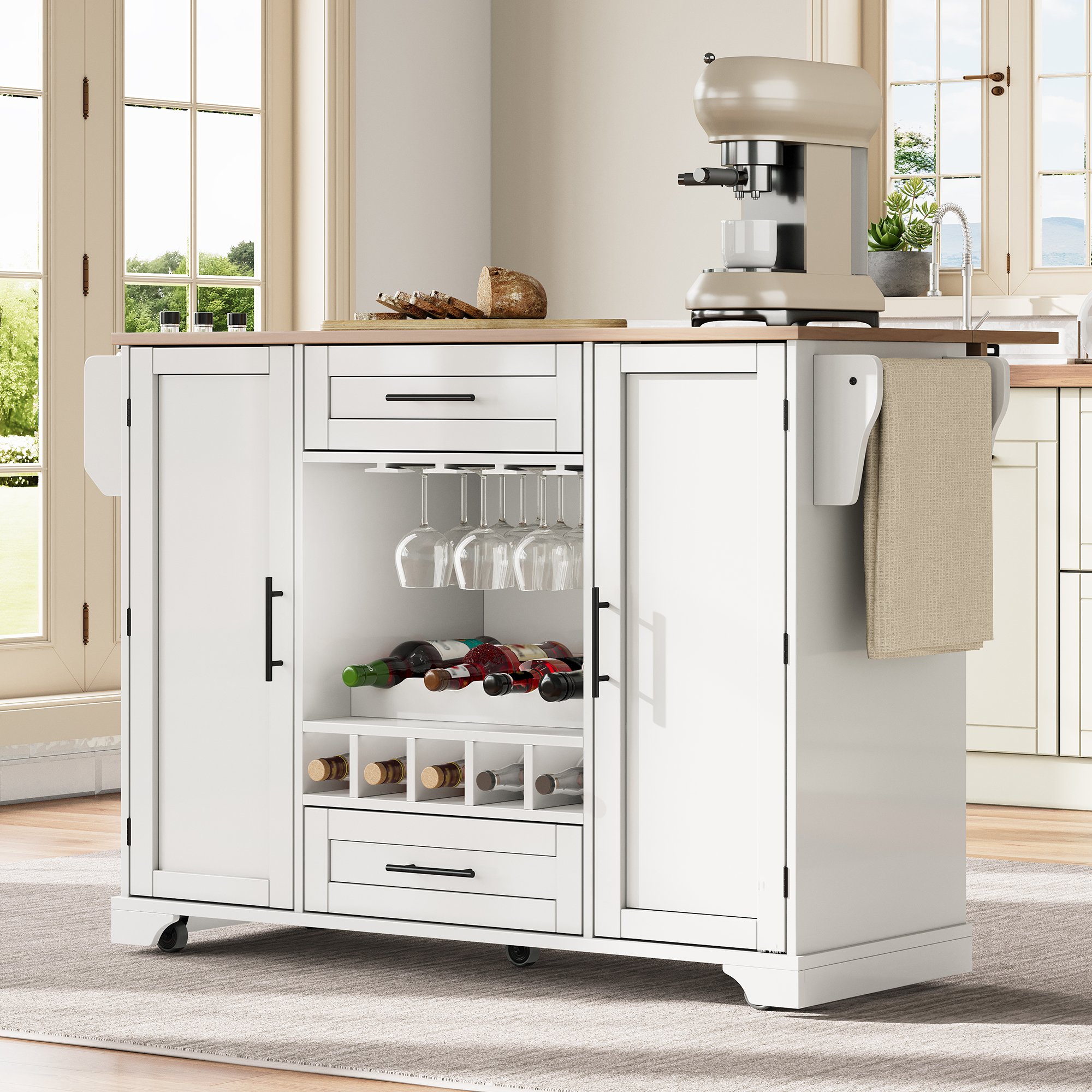 Îlot de cuisine blanc avec plan de travail rabattable, rangement, porte-bouteilles, porte-verres, étagère à épices, sur roulettes, 120x45/70x92 cm