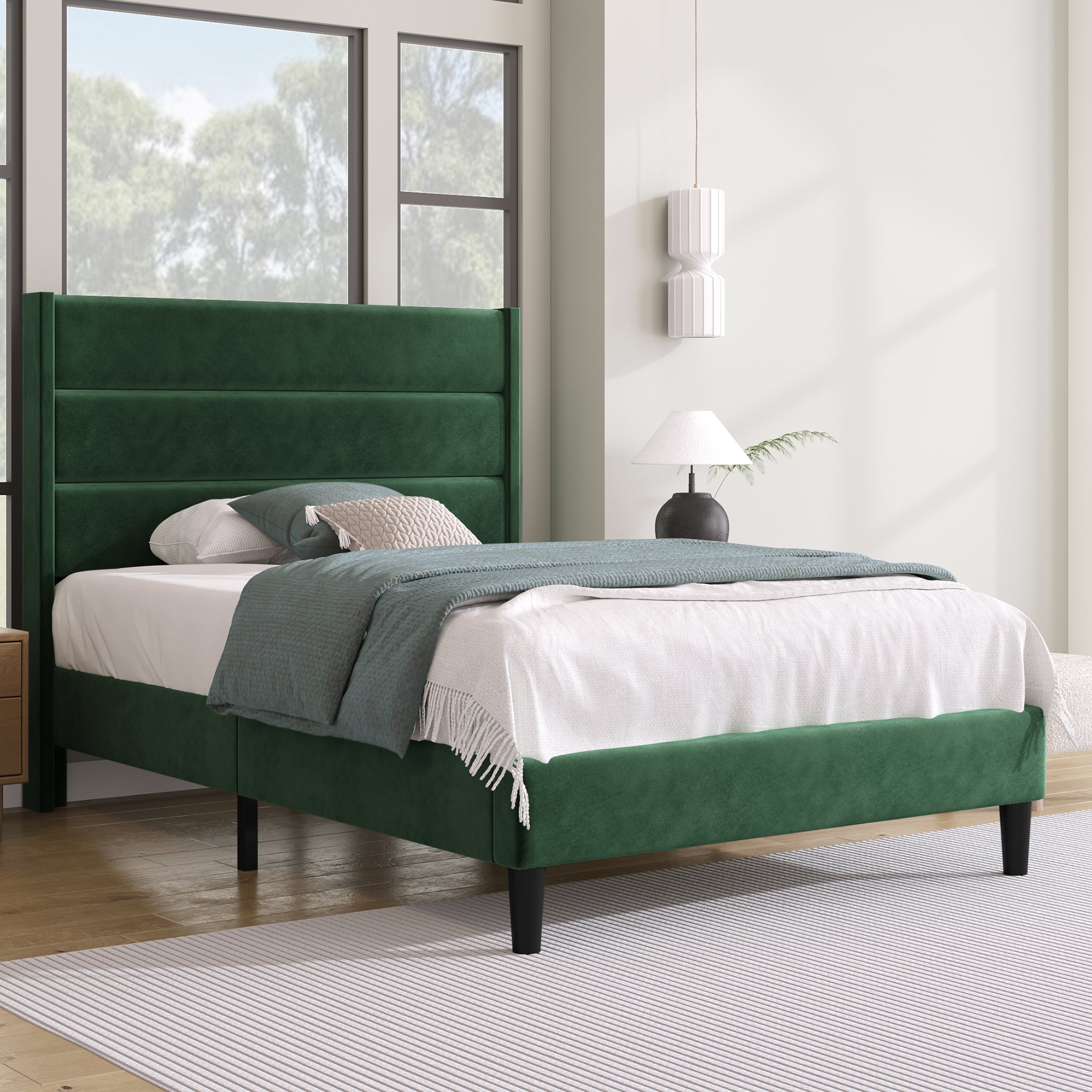 Lit double rembourré 140x200 en velours vert foncé avec sommier à lattes et design contemporain épuré