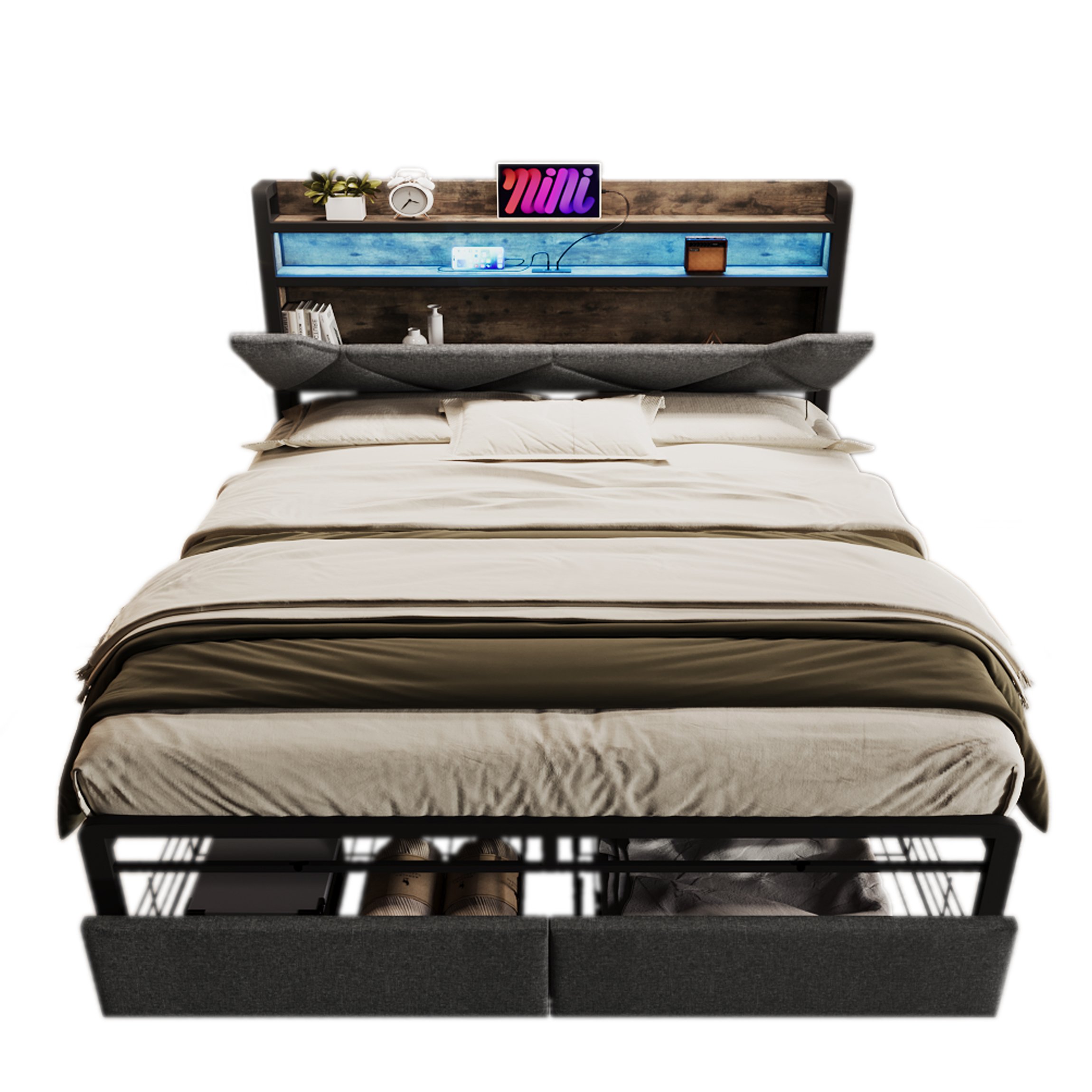 lit coffre 140x200 gris en tissu lin avec rangement, LED, USB Type-C et sommier à lattes