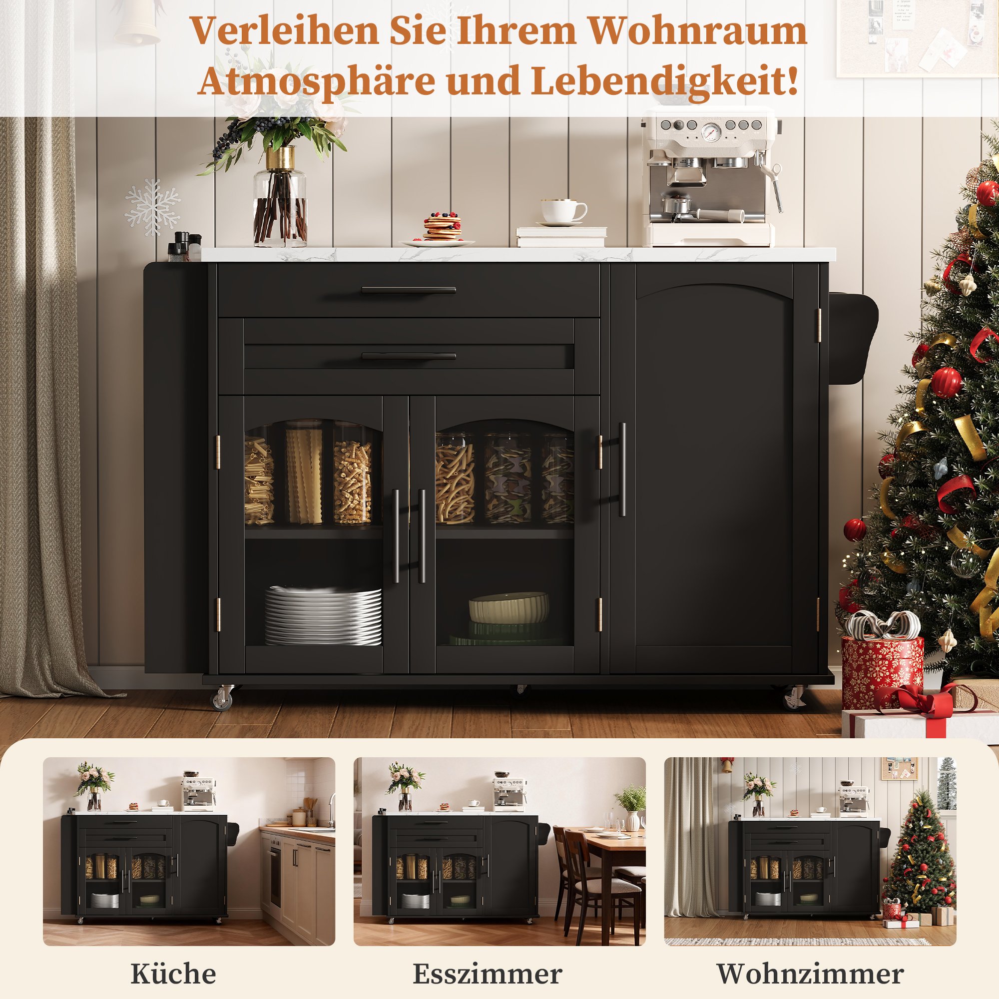 Îlot de cuisine en Panneau composite de fibres de bois à densité noir, structure stable avec roulettes verrouillables, plan rabattable, rangements, 120x45(70)x90 cm