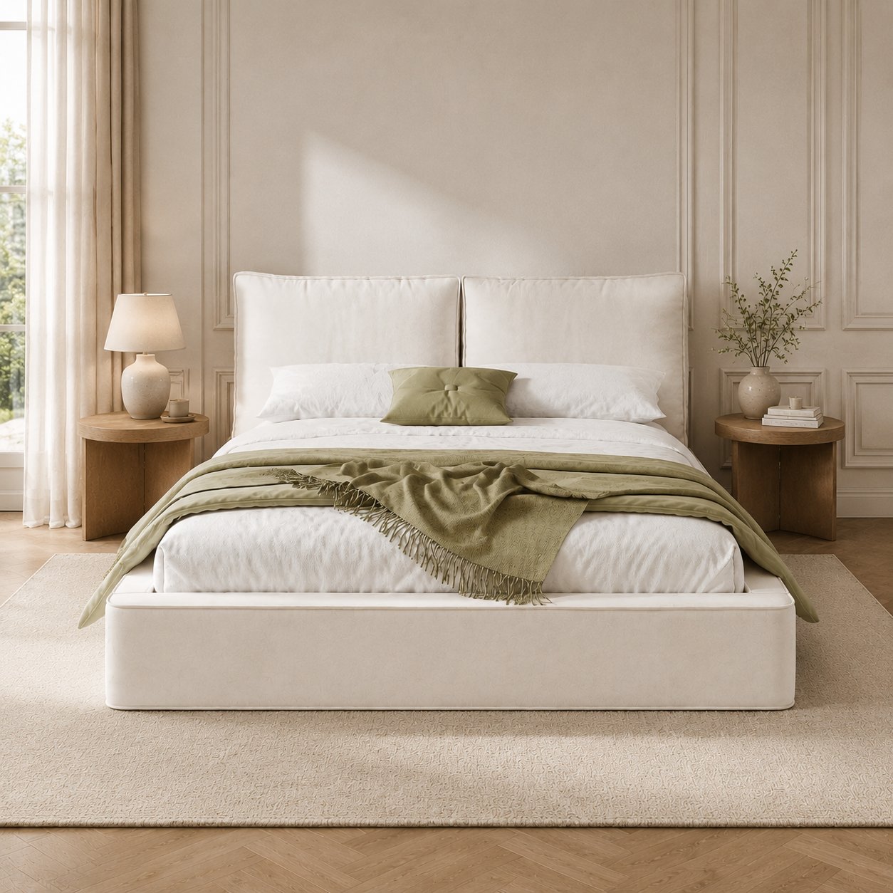 Lit rembourré 180x200 beige en tissu chenille avec sommier à lattes et tête de lit capitonnée haute pour chambre adulte