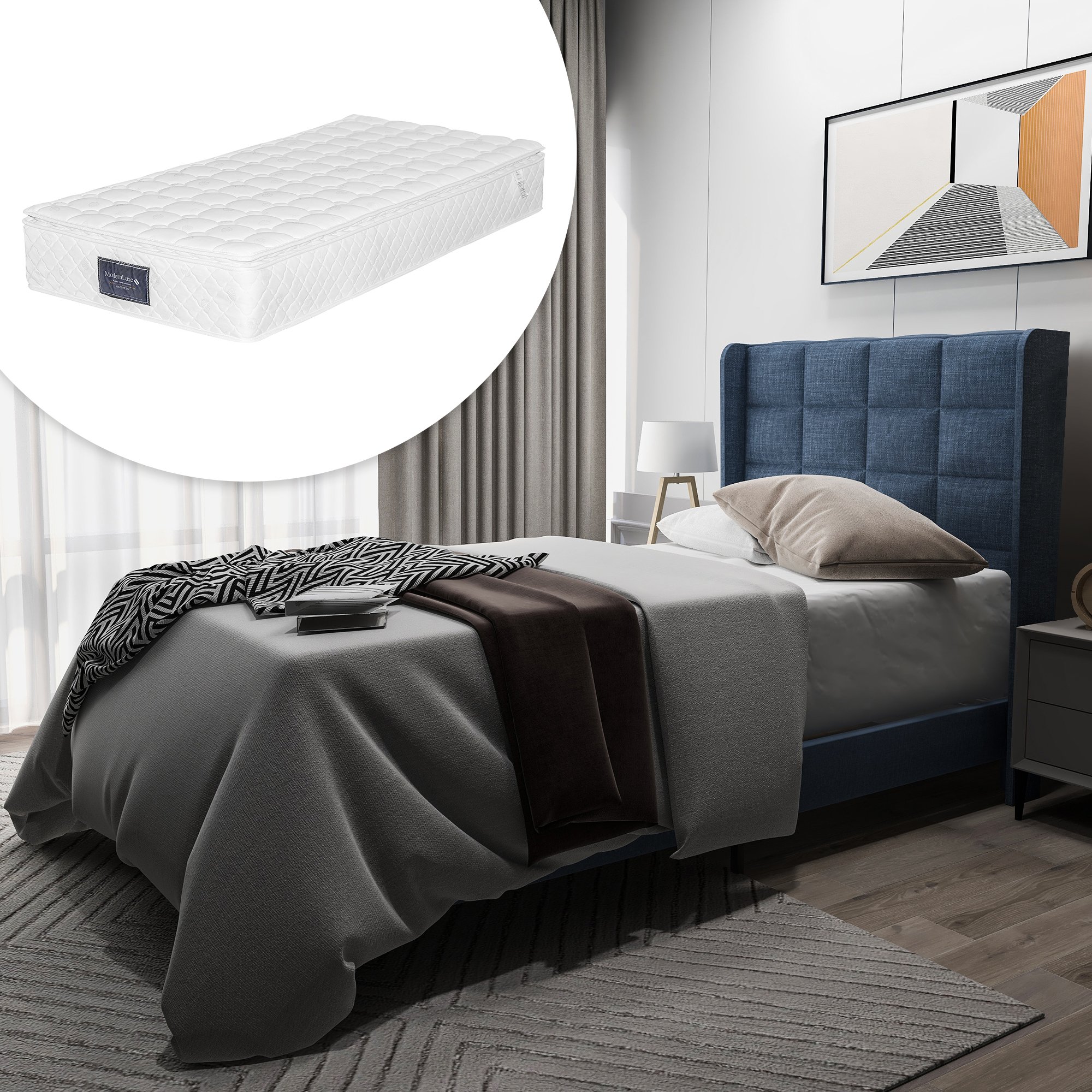 Lit rembourré 90x200 bleu avec sommier à lattes et matelas ressorts ensachés H3