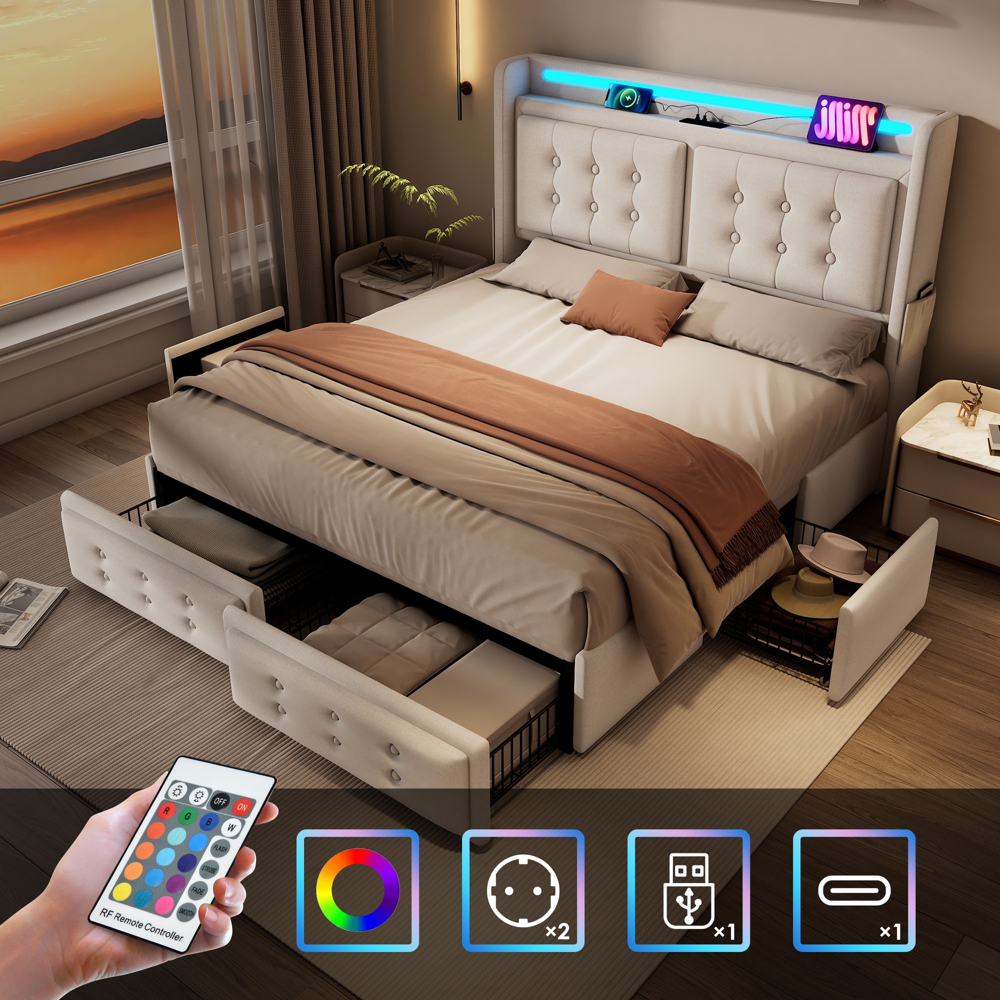 lit coffre 160x200 beige en tissu coton avec 4 tiroirs, LED, ports USB Type-C et sommier à lattes, charge 300 kg