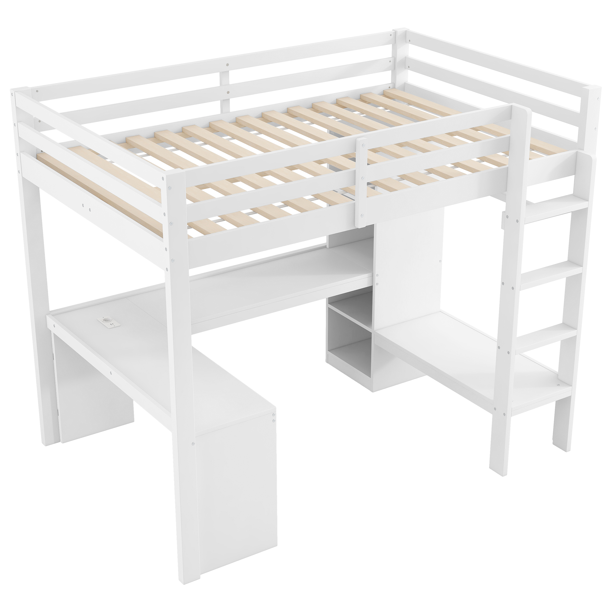 Lit mezzanine 140x200 en bois massif et Panneau composite de fibres de bois à densité, blanc, avec bureau et LED