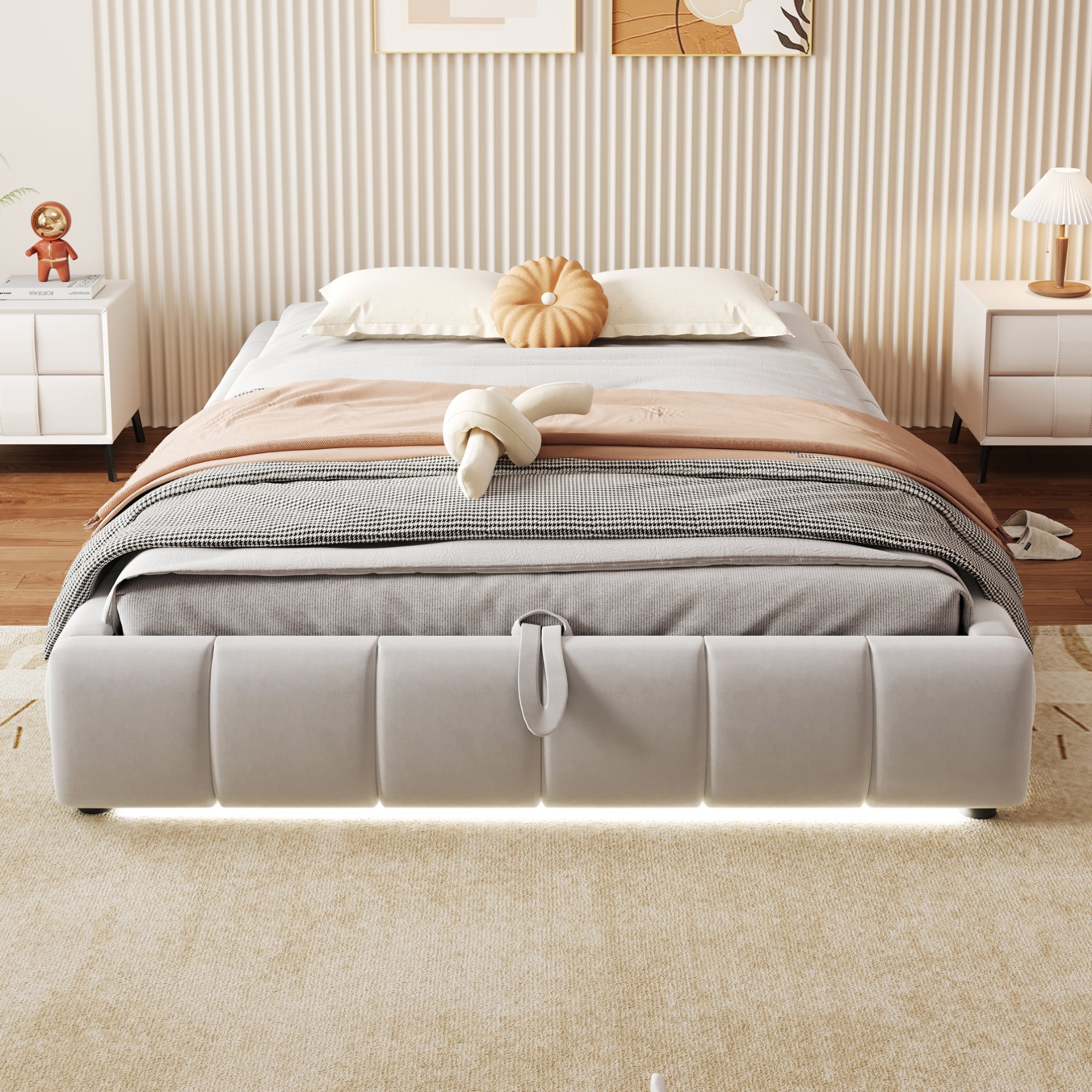 Lit coffre 140x200 beige avec rangement hydraulique, LED et sommier à lattes