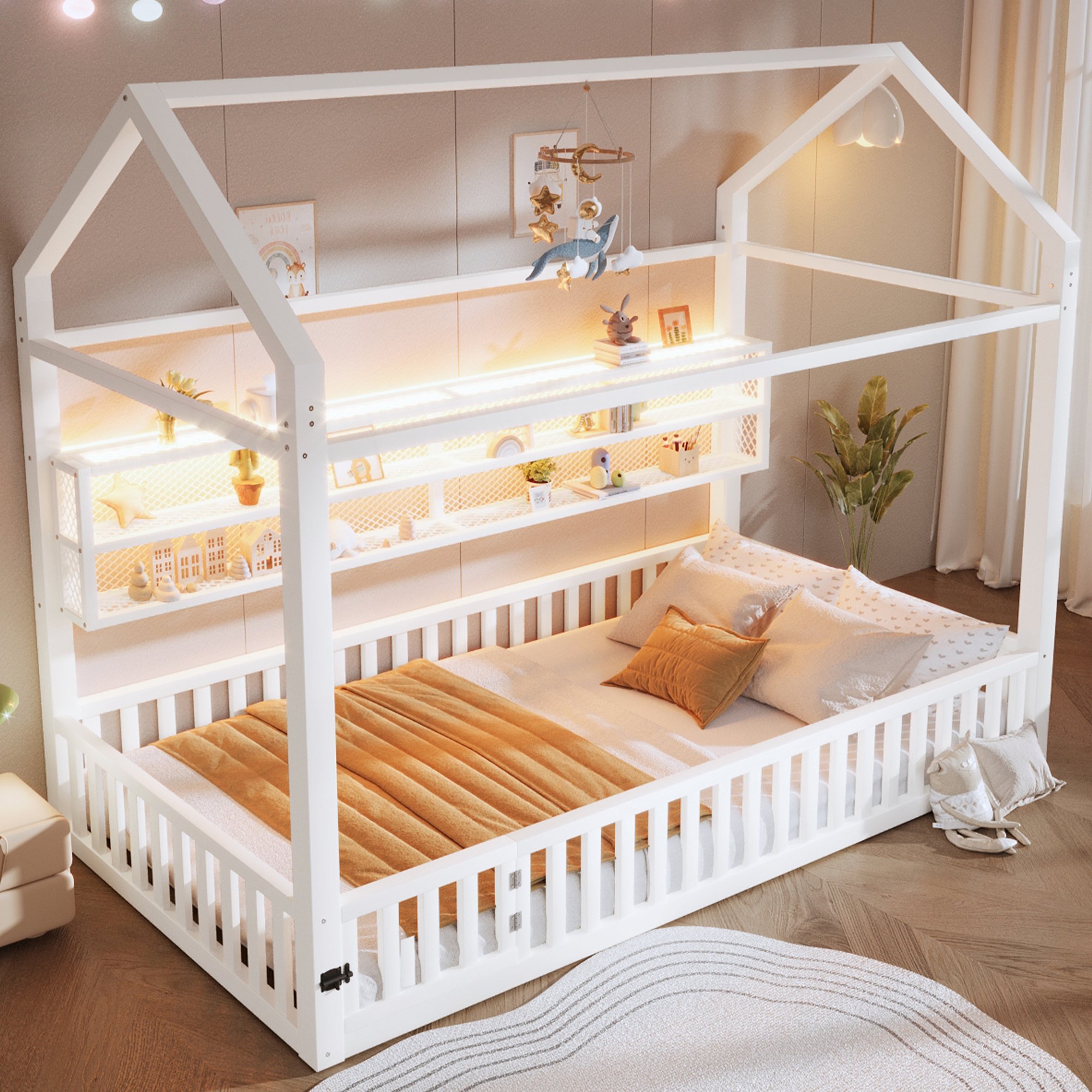 Lit maison 90x200 avec LED et barrière de sécurité, blanc, structure en métal