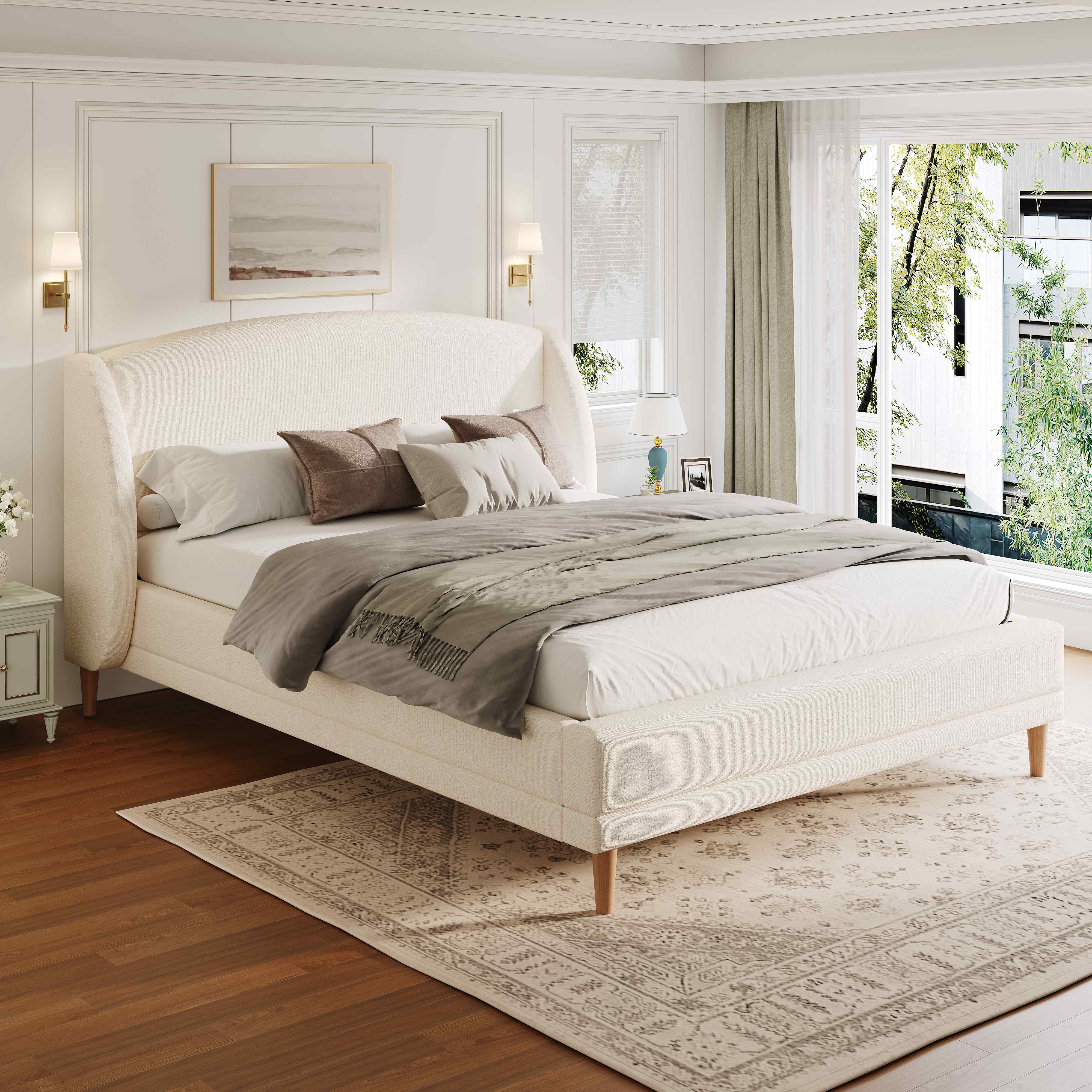 Lit capitonné 140x190 tissu bouclé blanc ivoire, tête de lit ailes incurvée, sommier lattes bois hévéa, style contemporain chic