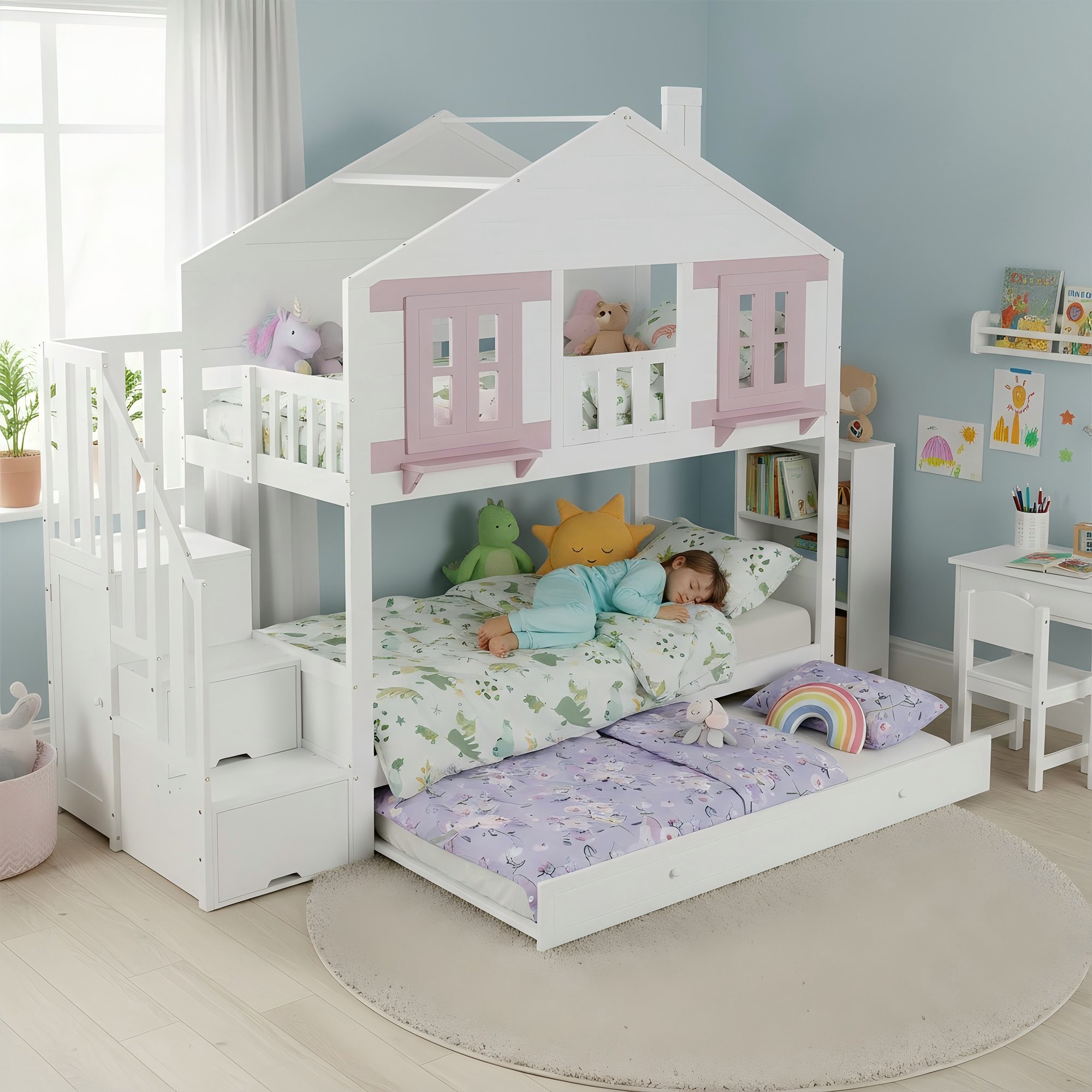 Lit superposé enfant 90x200 avec rangement, tiroir et penderie, blanc et rose
