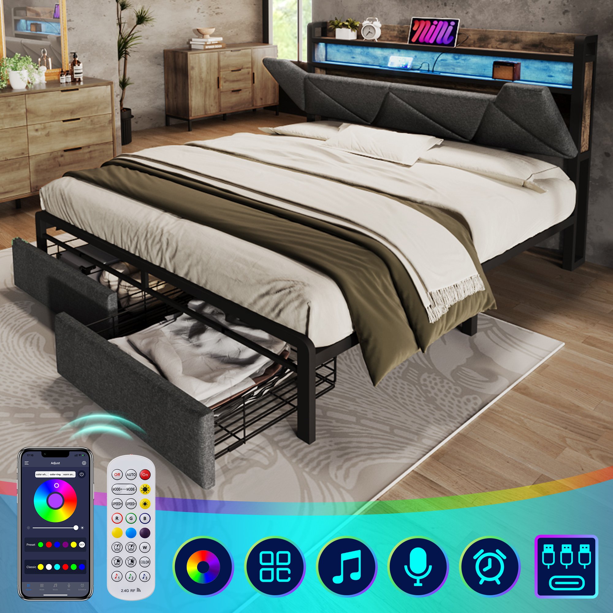 lit coffre 140x200 gris en tissu lin avec rangement, LED, USB Type-C et sommier à lattes