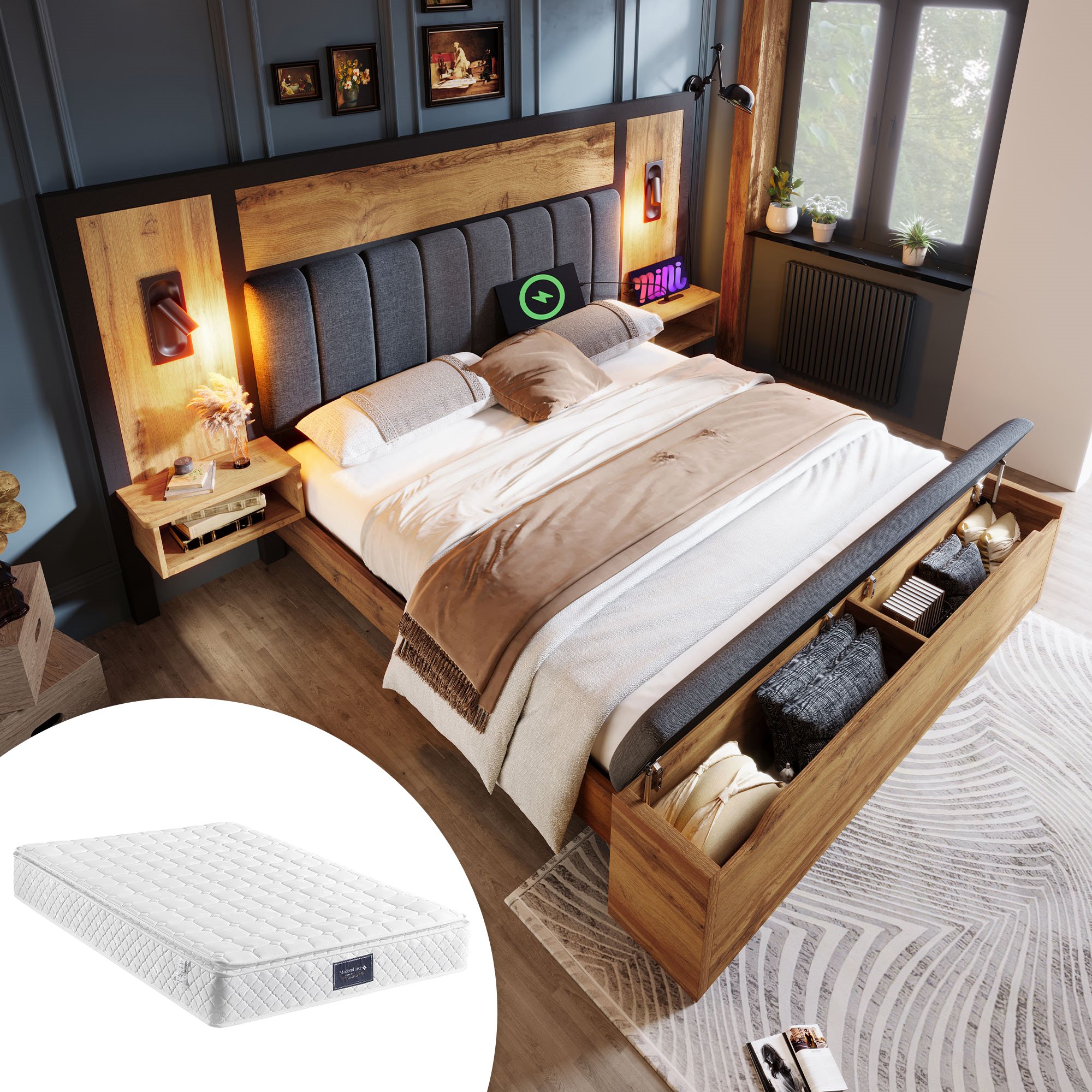 lit double 160x200 avec matelas et sommier, lit coffre rangement hydraulique, LED tactile et USB Type-C, structure chêne et métal