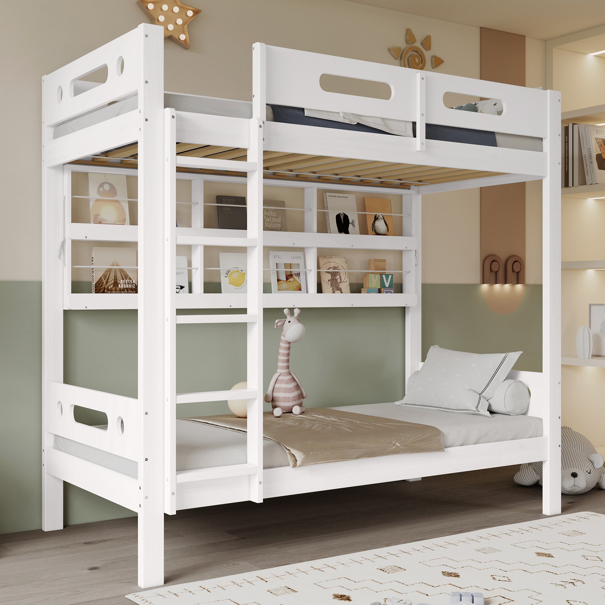 Lit superposé 90x200 blanc et bois naturel avec rangement et échelle 5 marches
