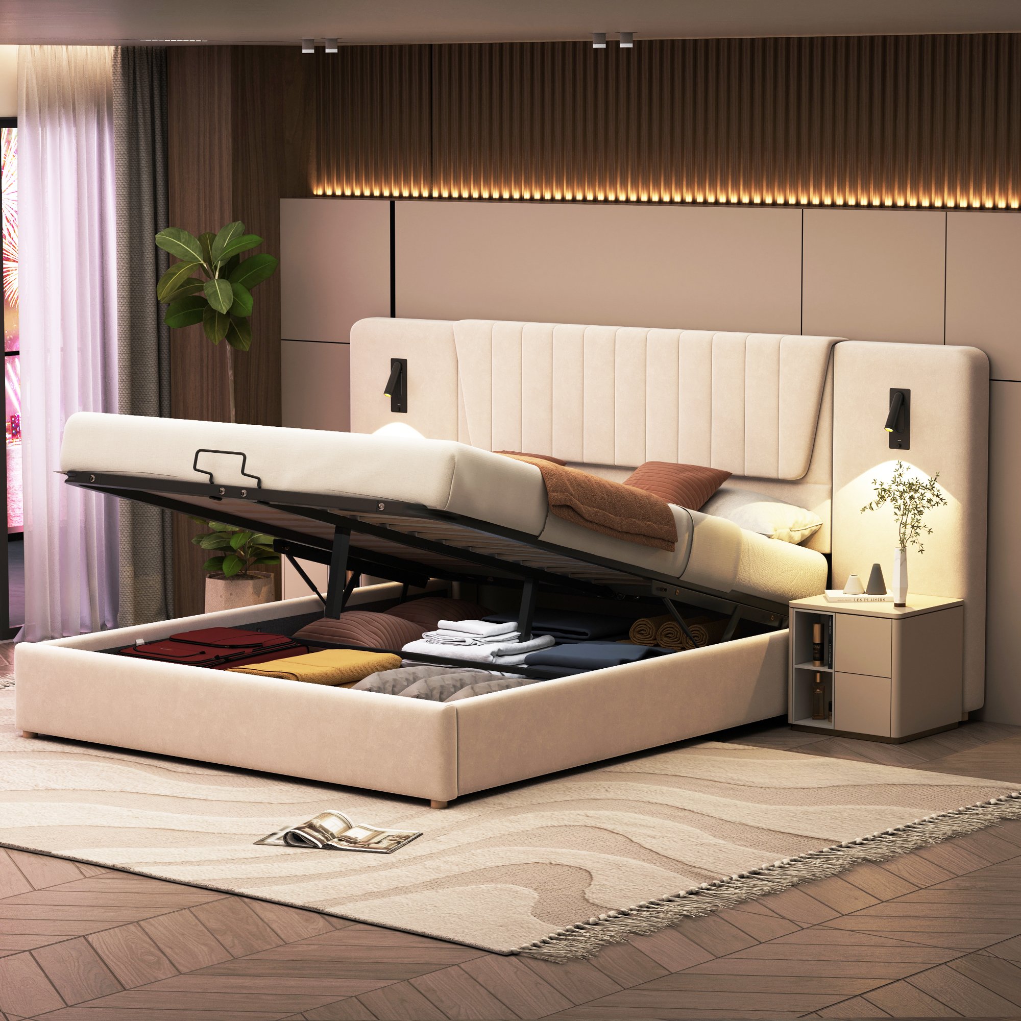 Lit coffre 180x200 en velours beige, structure métallique et sommier à lattes, rangement intégré