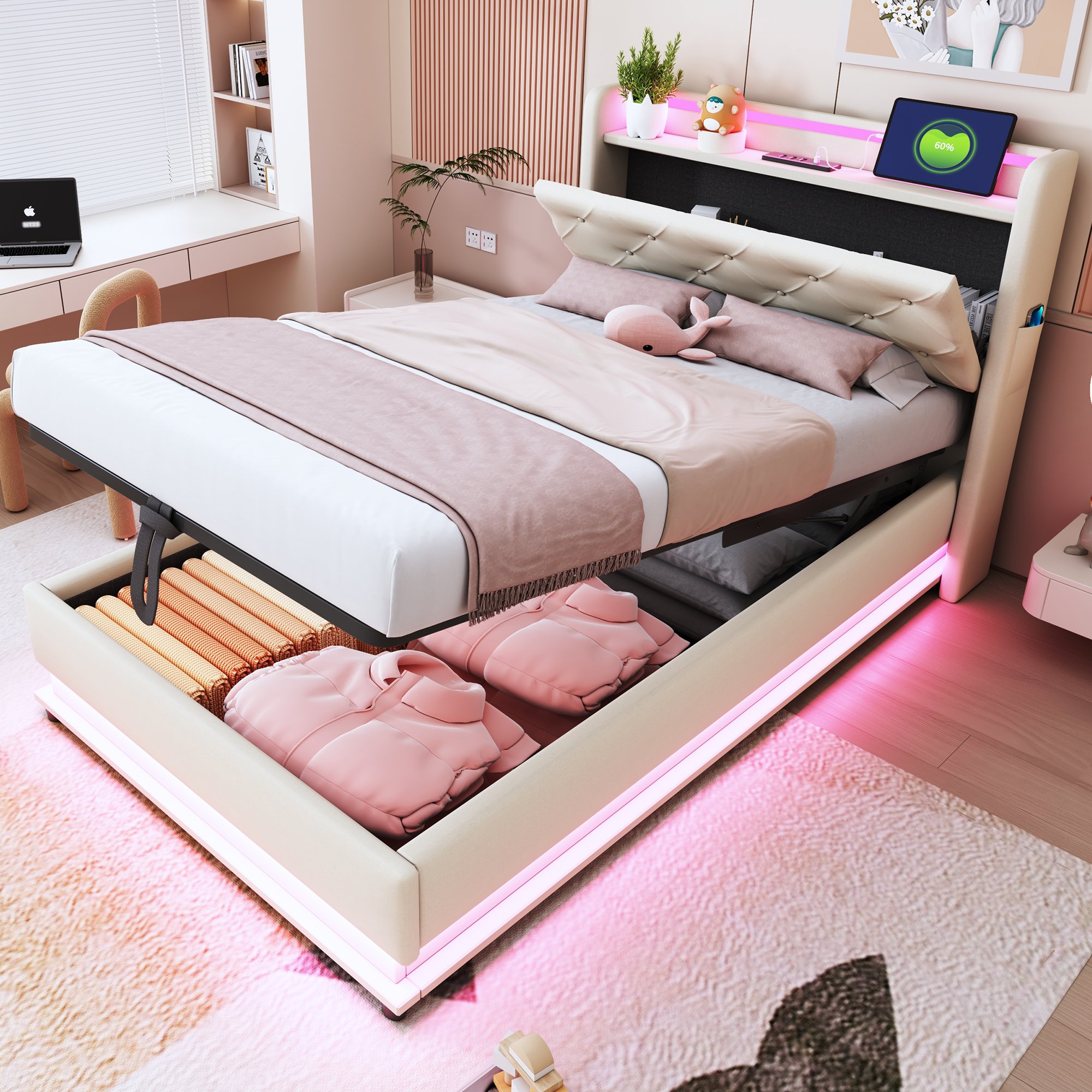 Lit coffre 90x200 en lin beige, structure métal et bois, avec rangement hydraulique et LED