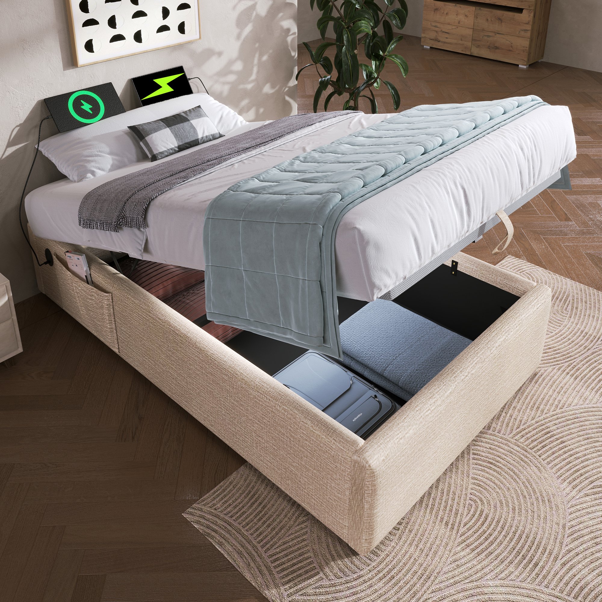 Lit LED 90x200 avec sommier, cadre de lit coffre en lin beige avec rangement hydraulique et ports USB Type-C sans tête de lit