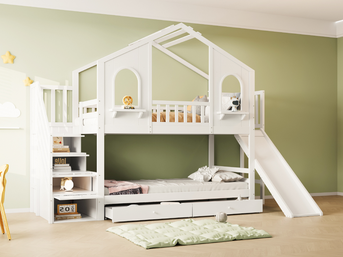 Lit superposé 90x200 avec rangements, toboggan et échelle, pour chambre d'enfant