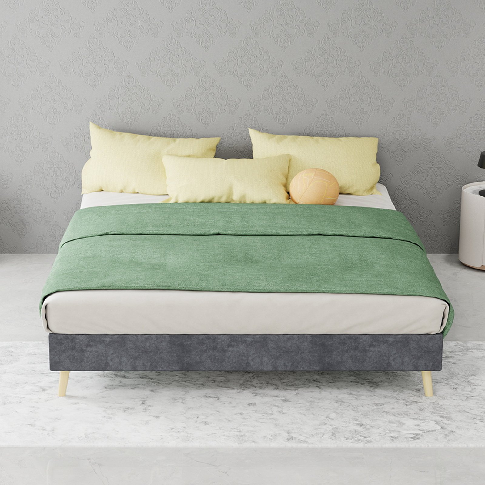 Cadre de lit 140x200 en velours, design moderne, base basse, pour chambre à coucher, sans matelas