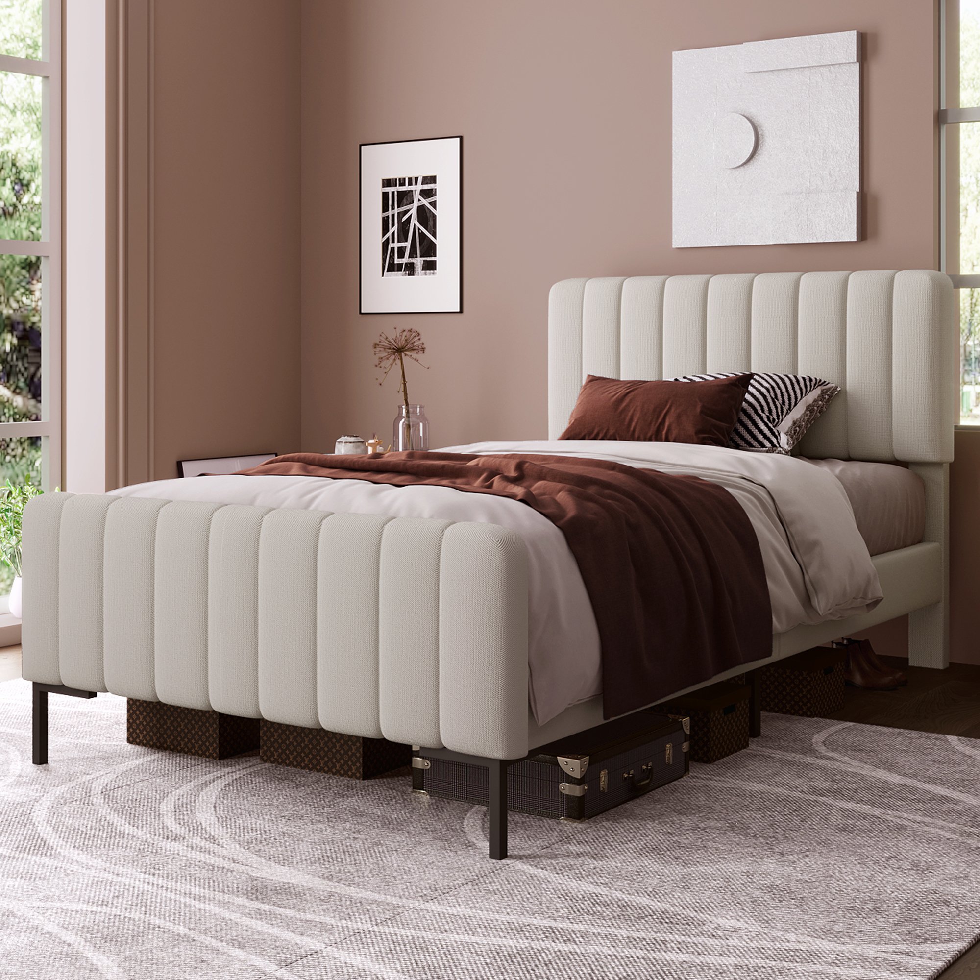 Lit rembourré 140x200, cadre de lit simple 90x200 gris beige avec tête de lit ajustable