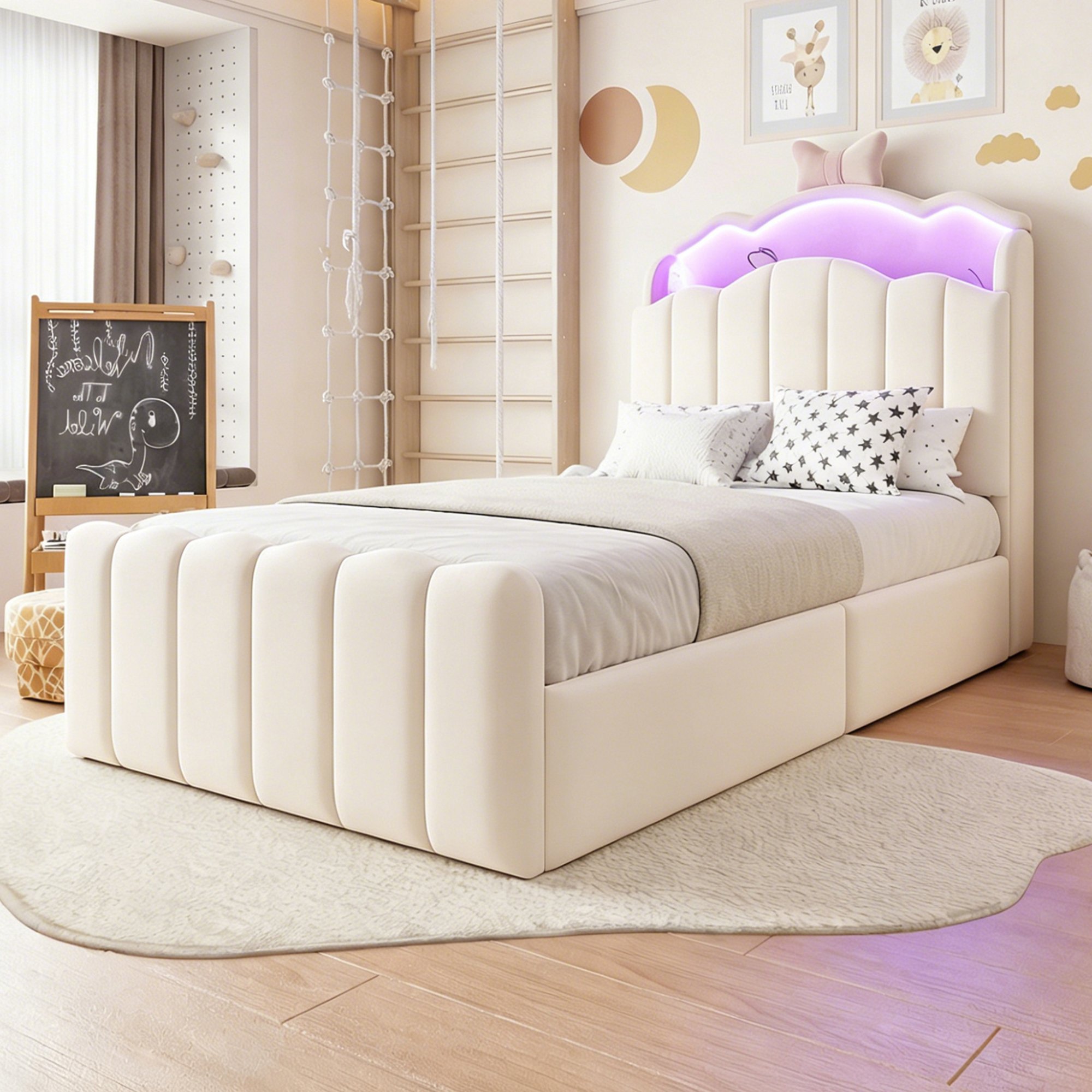 Lit coffre enfant en velours beige, structure métal et Panneau composite de fibres de bois à densité, 90x200, avec rangement hydraulique