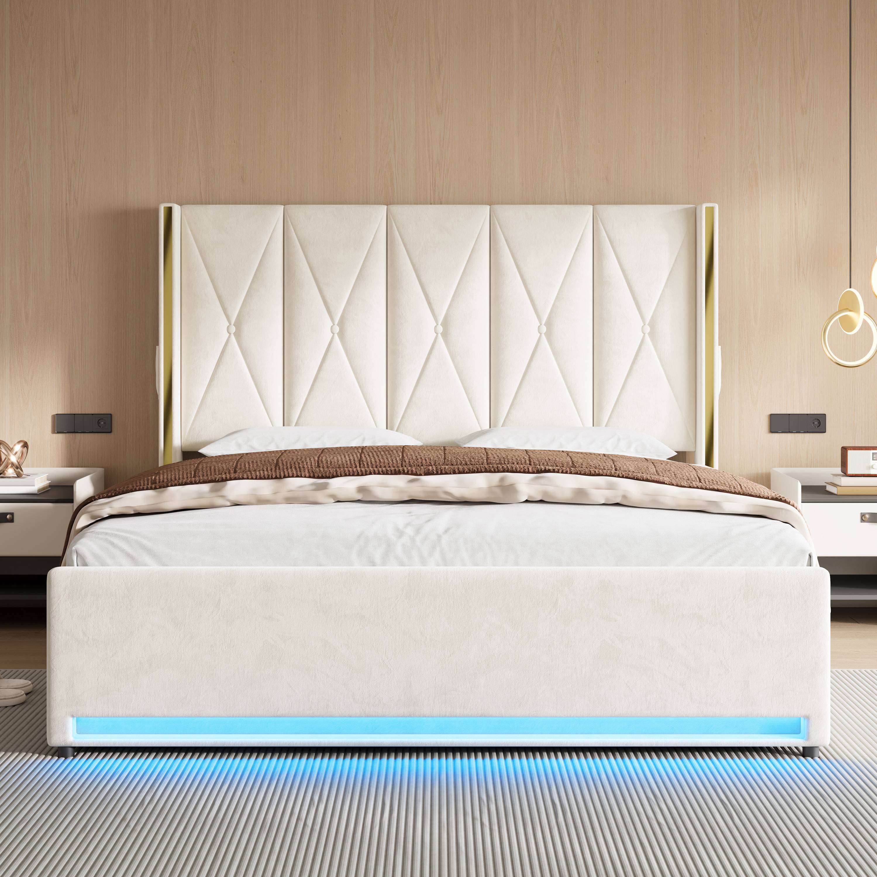 Lit coffre double 180x200 en velours beige, tête de lit rembourrée, rangement sous sommier, LED et USB