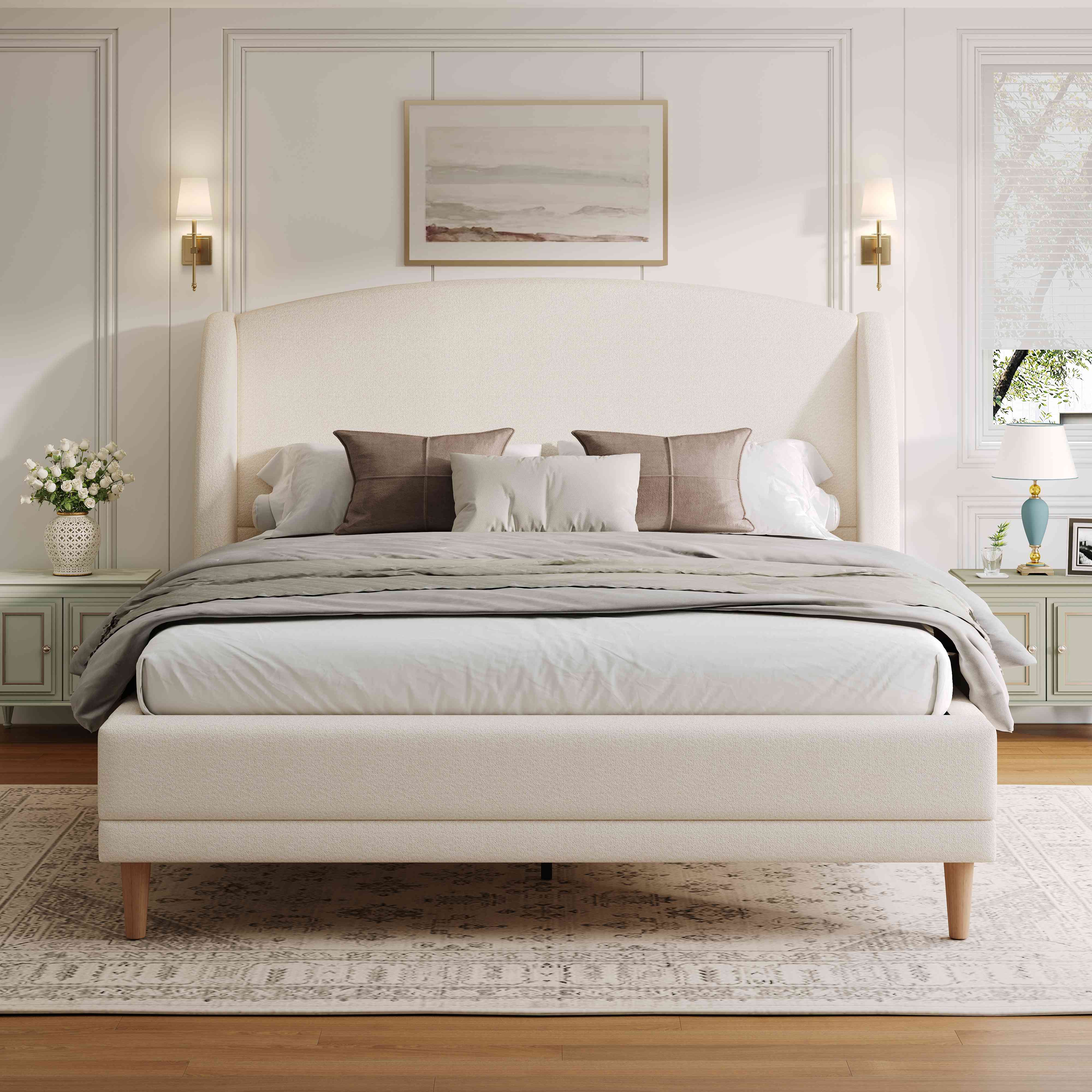 Lit capitonné 140x190 tissu bouclé blanc ivoire, tête de lit ailes incurvée, sommier lattes bois hévéa, style contemporain chic