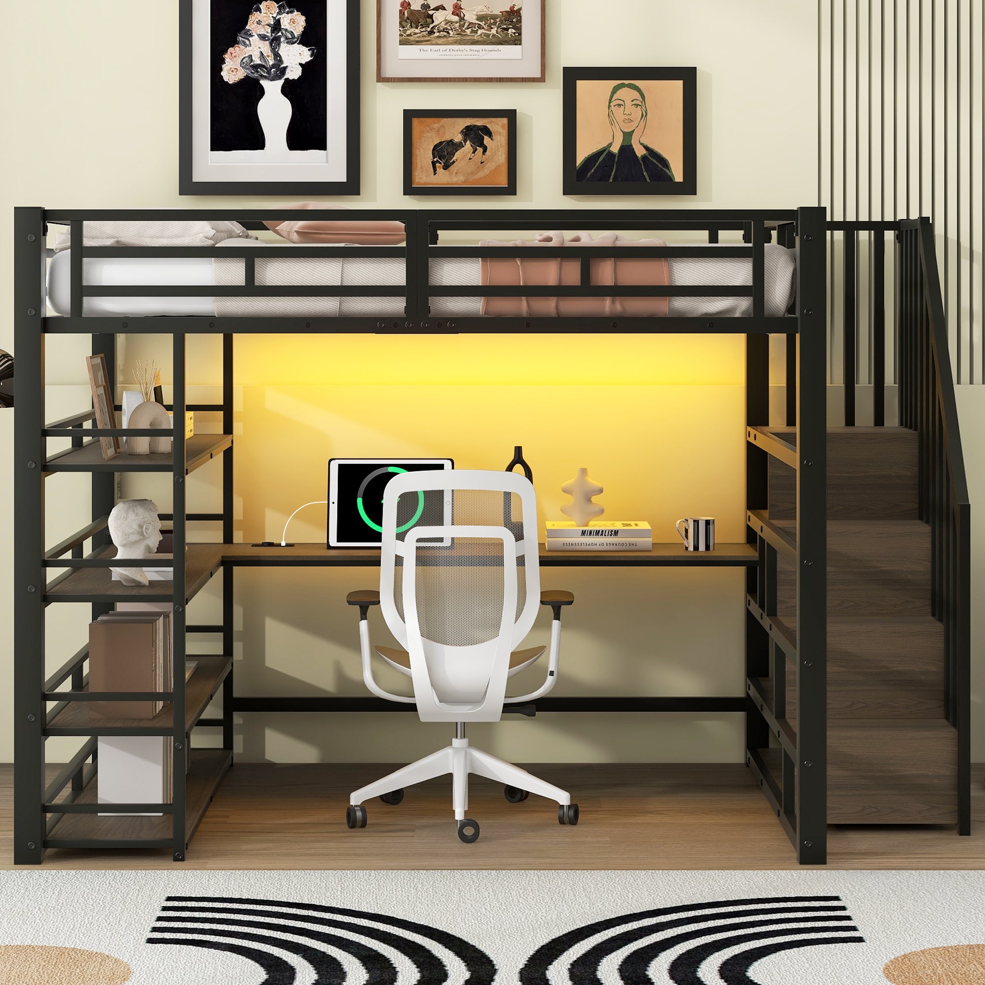 Lit mezzanine 140x200 avec bureau, rangements et LED, structure métallique, échelle intégrée